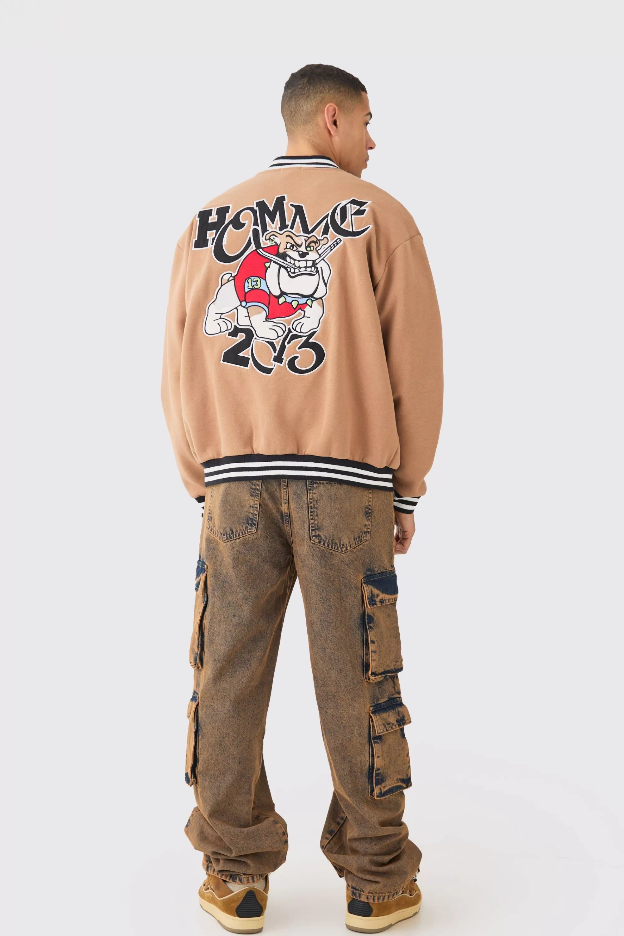 boohooMAN Oversized Character Applique Jersey Varsity Jacket | UK