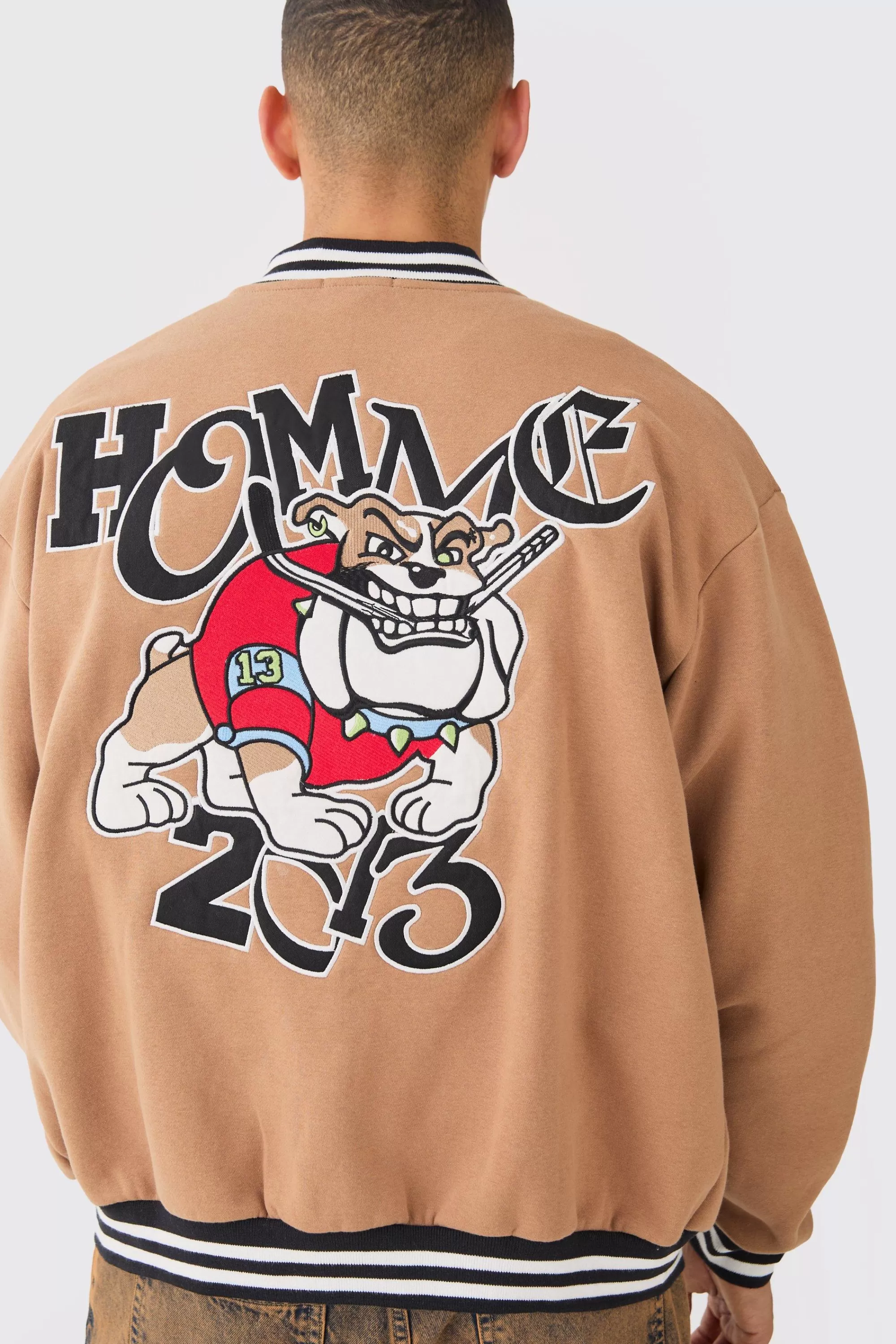 boohooMAN Oversized Character Applique Jersey Varsity Jacket | UK