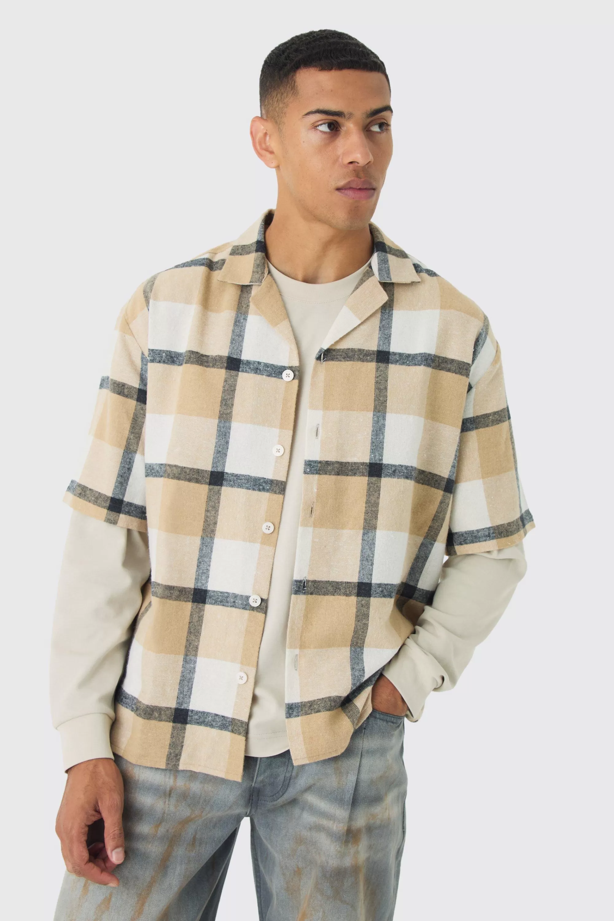 boohooMAN Oversized Check Revere Shirt | UK