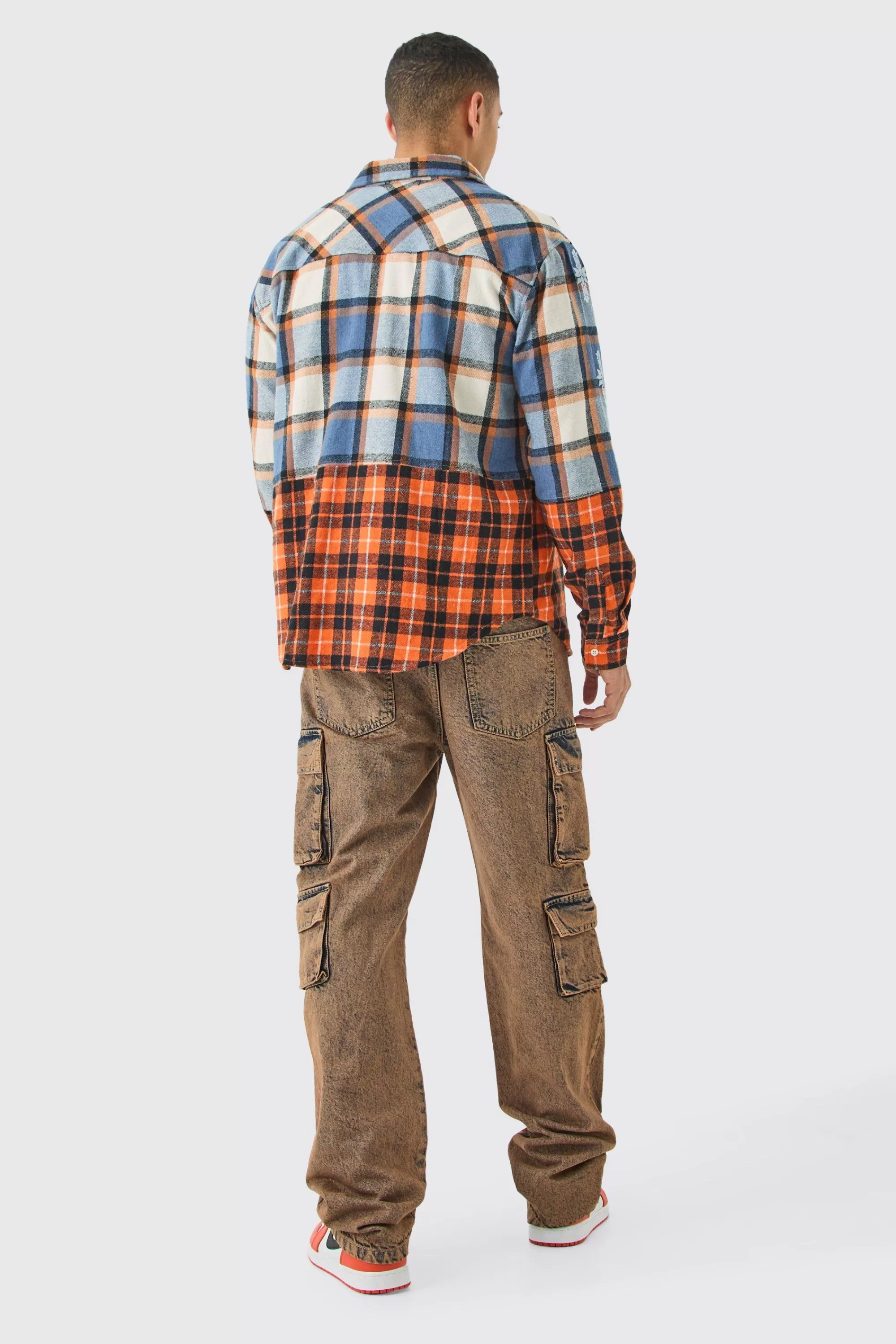 boohooMAN Oversized Check Splice Printed Placket Shirt | UK