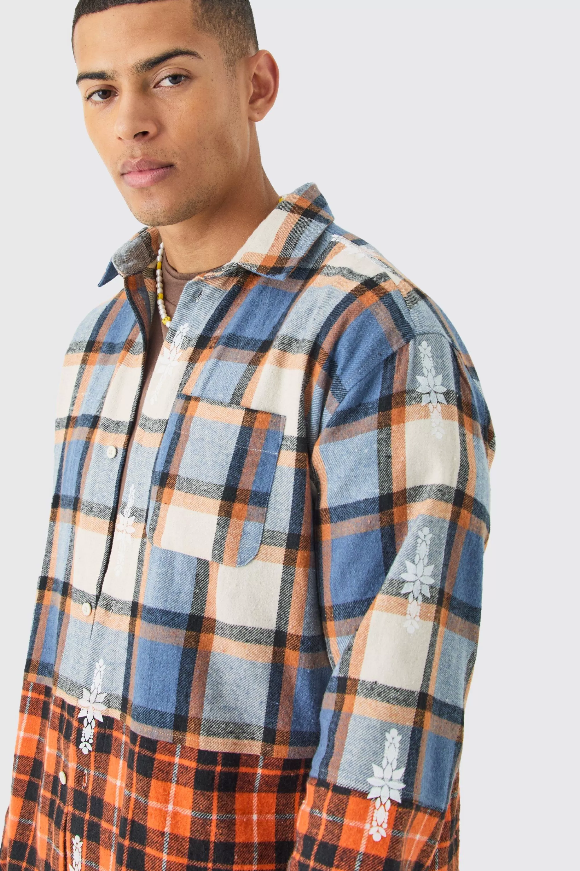 boohooMAN Oversized Check Splice Printed Placket Shirt | UK