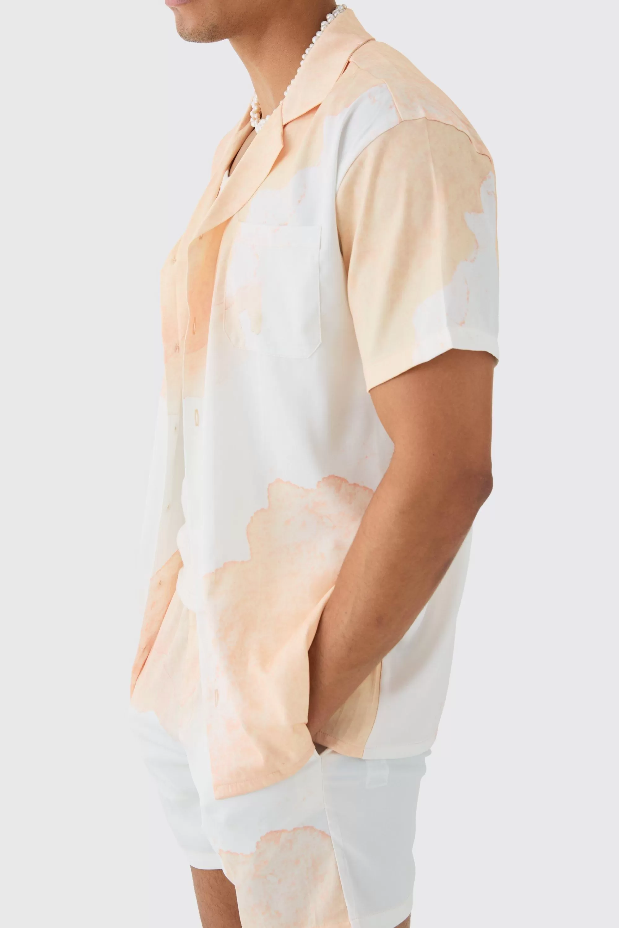 boohooMAN Oversized Cloud Short Sleeve Satin Shirt & Short Set | UK