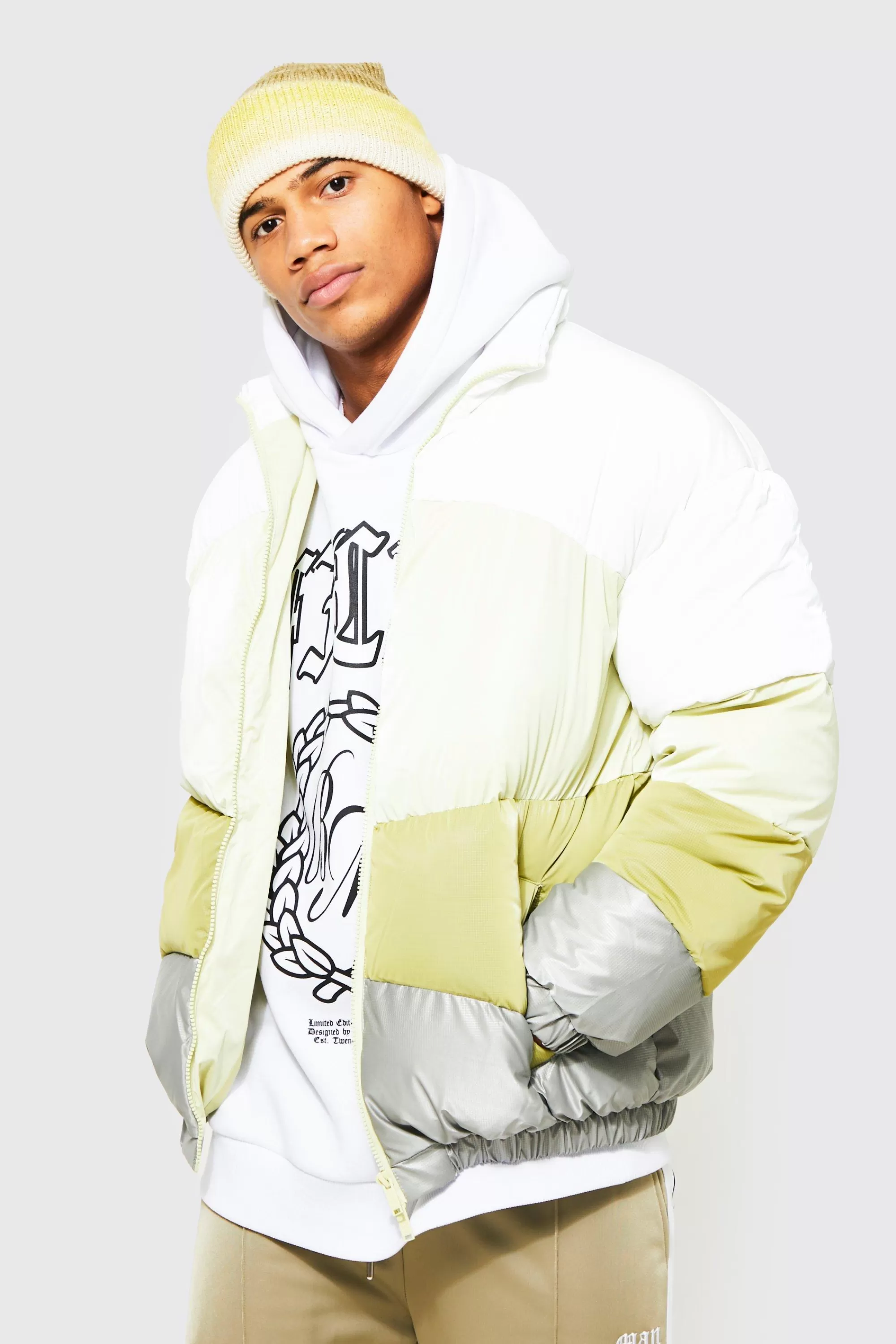 boohooMAN Oversized Colourblock Funnel Neck Puffer | UK