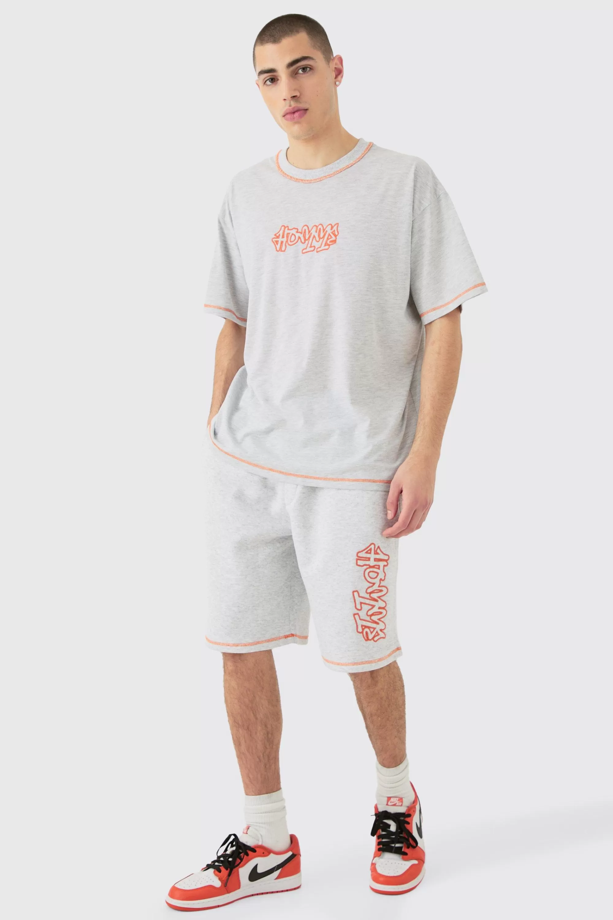 boohooMAN Oversized Contrast Stitch Applique T-shirt & Short Set | UK