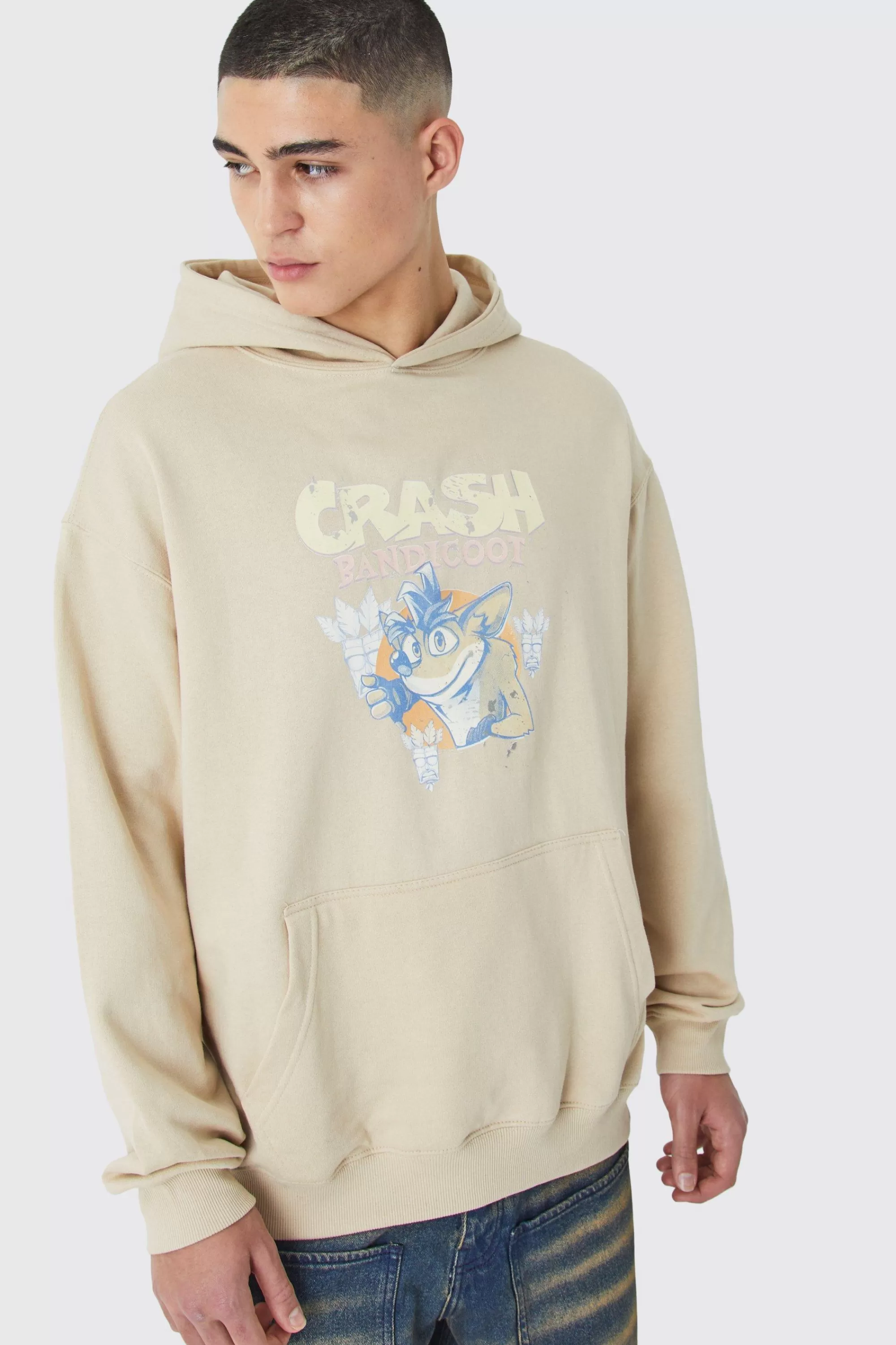 boohooMAN Oversized Crash Bandicoot Gaming License Wash Hoodie | UK