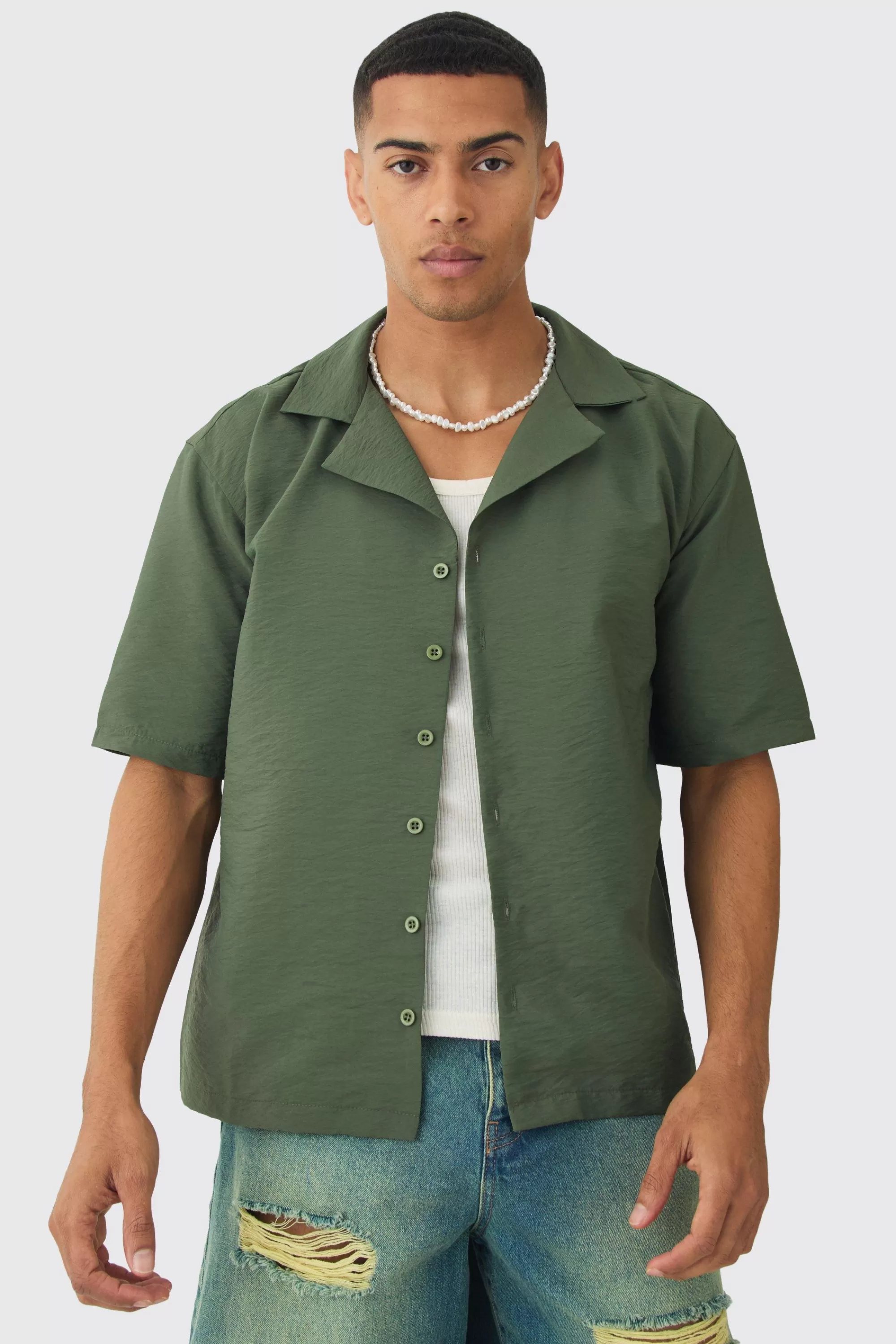 boohooMAN Oversized Crinkle Revere Shirt | UK