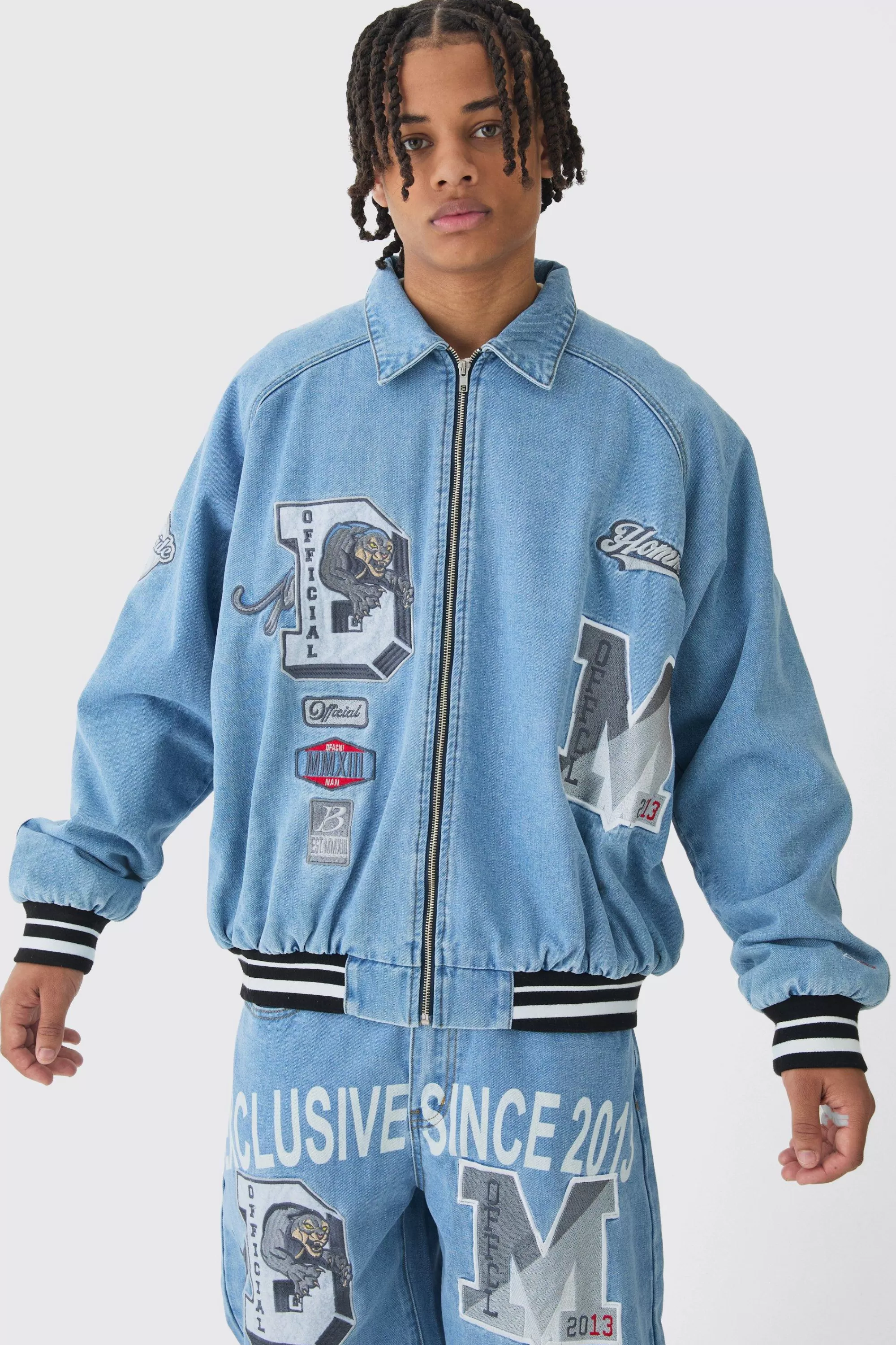 boohooMAN Oversized Denim Exclusive Applique Bomber Jacket | UK