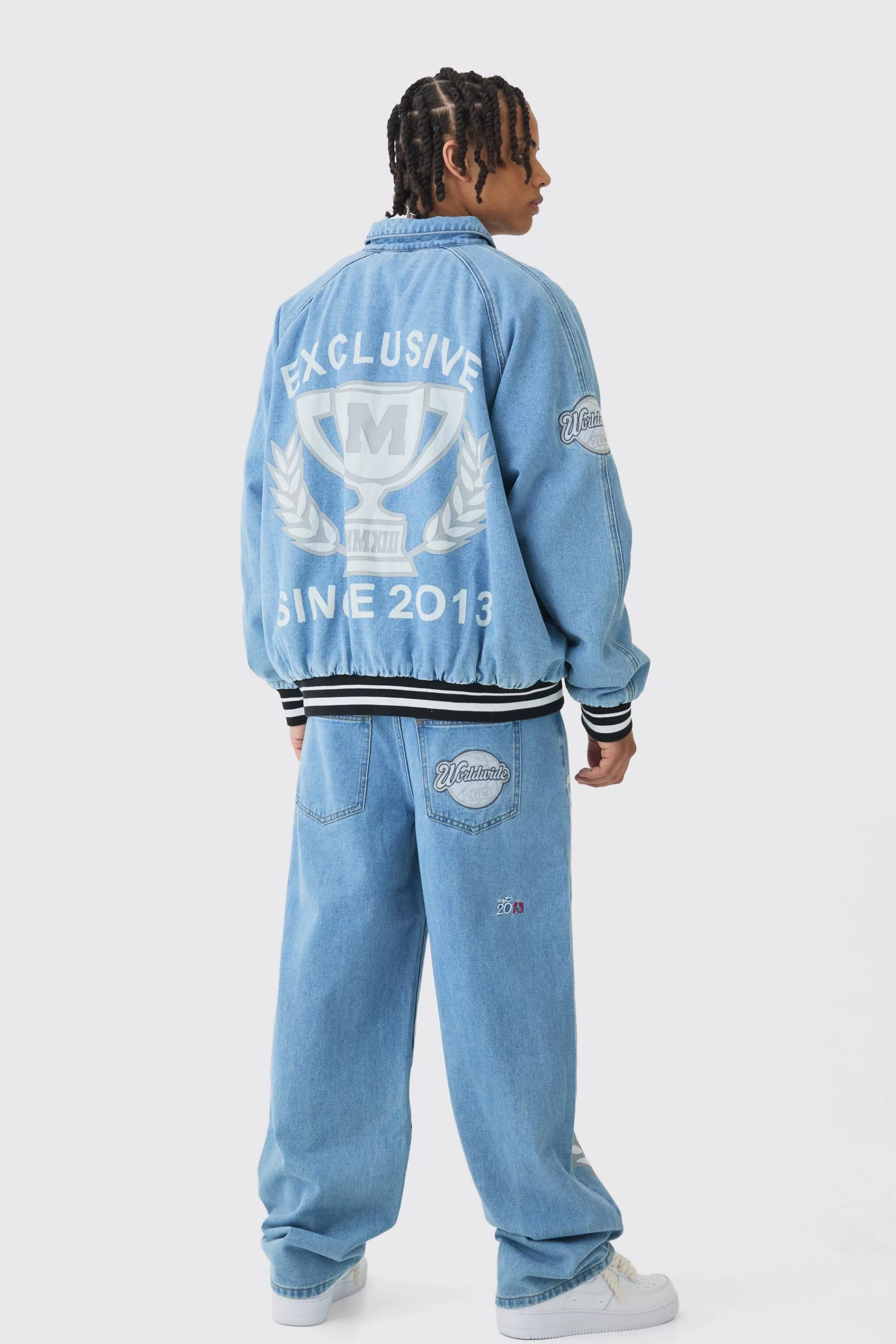 boohooMAN Oversized Denim Exclusive Applique Bomber Jacket | UK