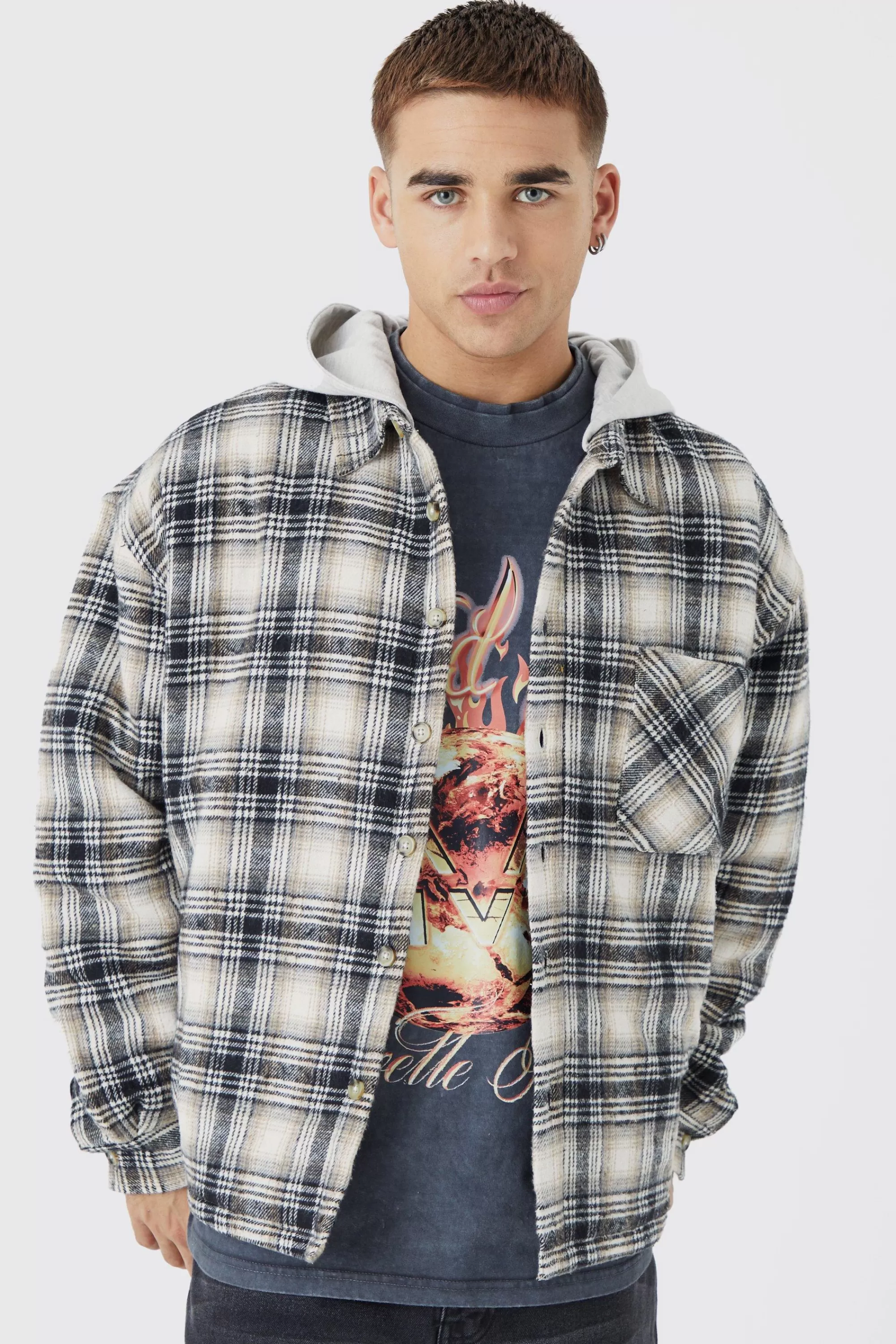 boohooMAN Oversized Detachable Hood Quilted Check Shirt | UK