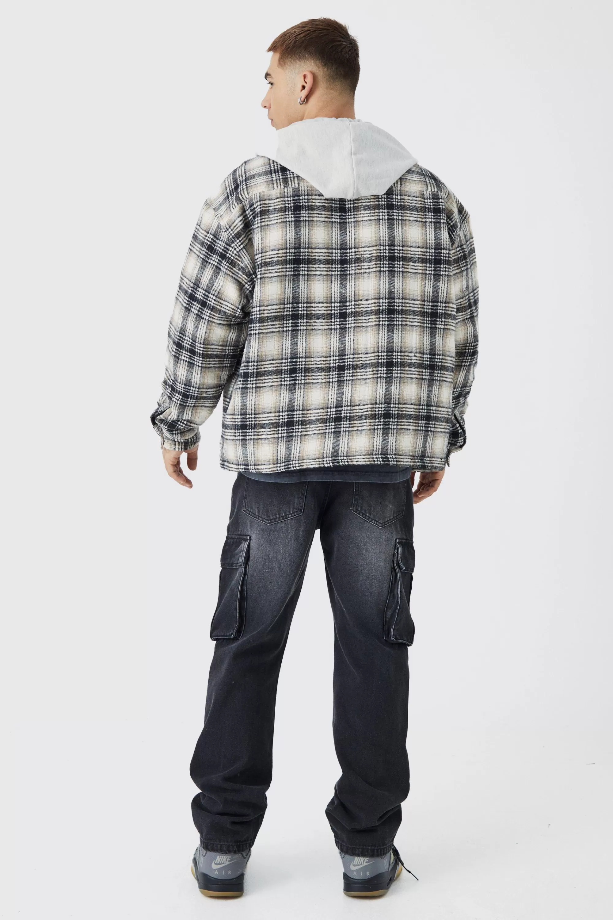 boohooMAN Oversized Detachable Hood Quilted Check Shirt | UK