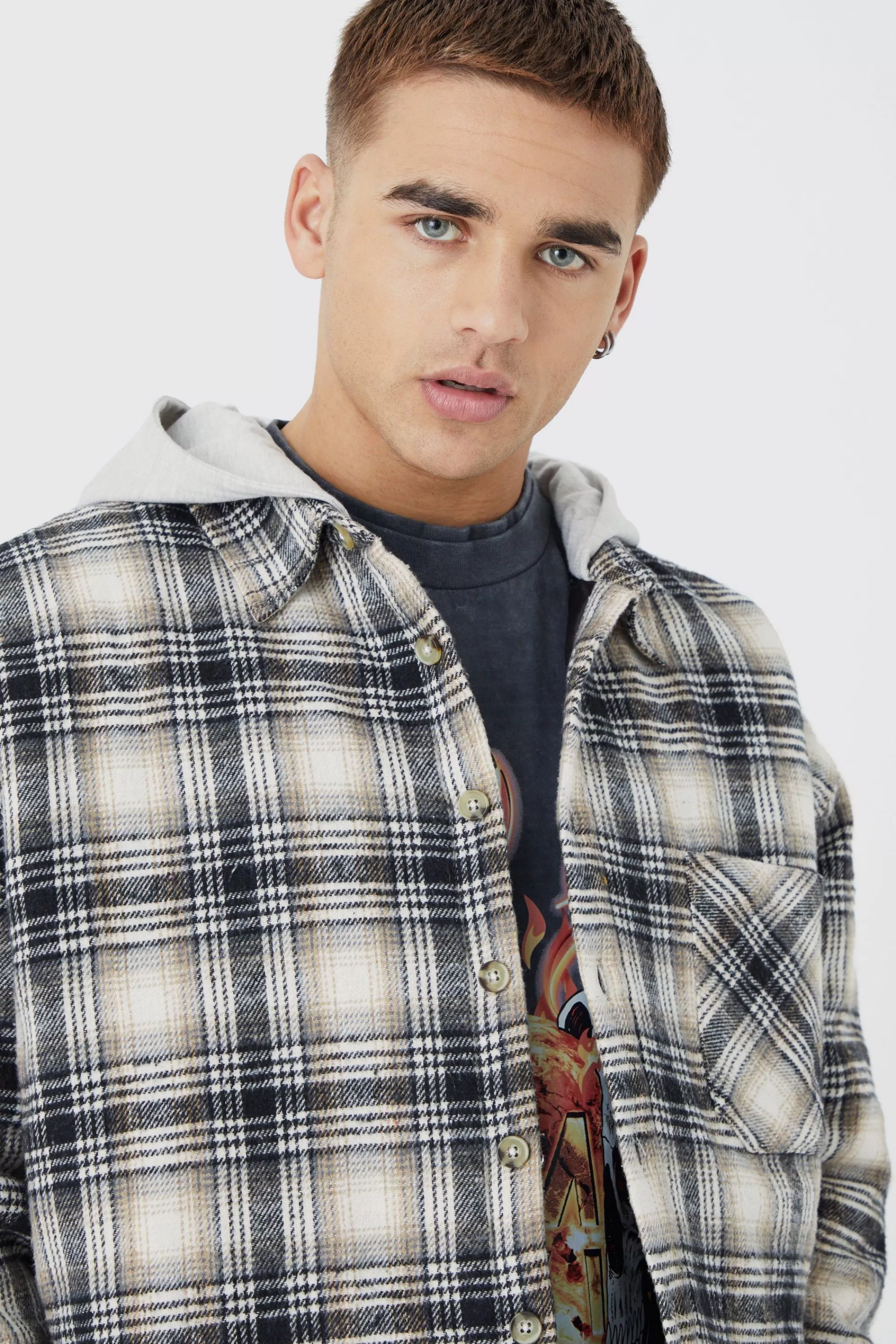 boohooMAN Oversized Detachable Hood Quilted Check Shirt | UK