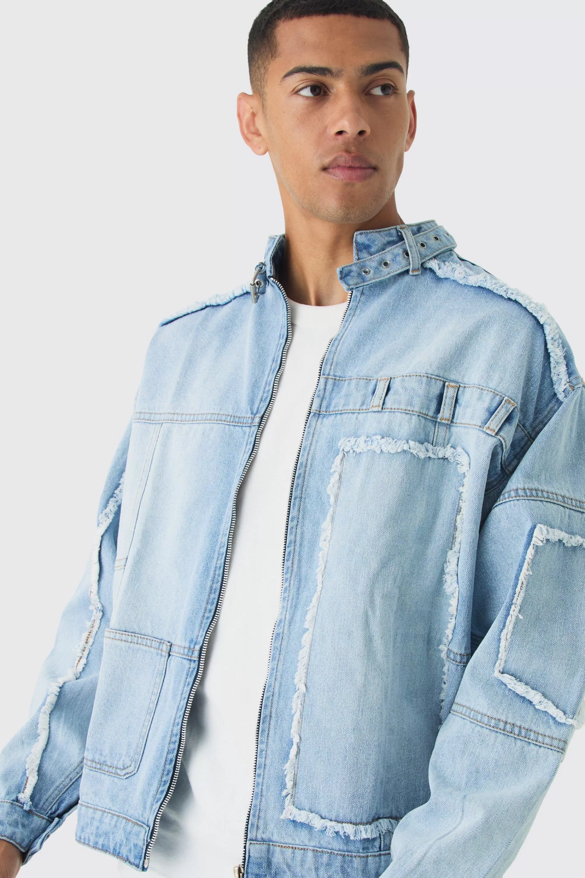 boohooMAN Oversized Dirty Wash Carpenter Denim Biker Jacket | UK