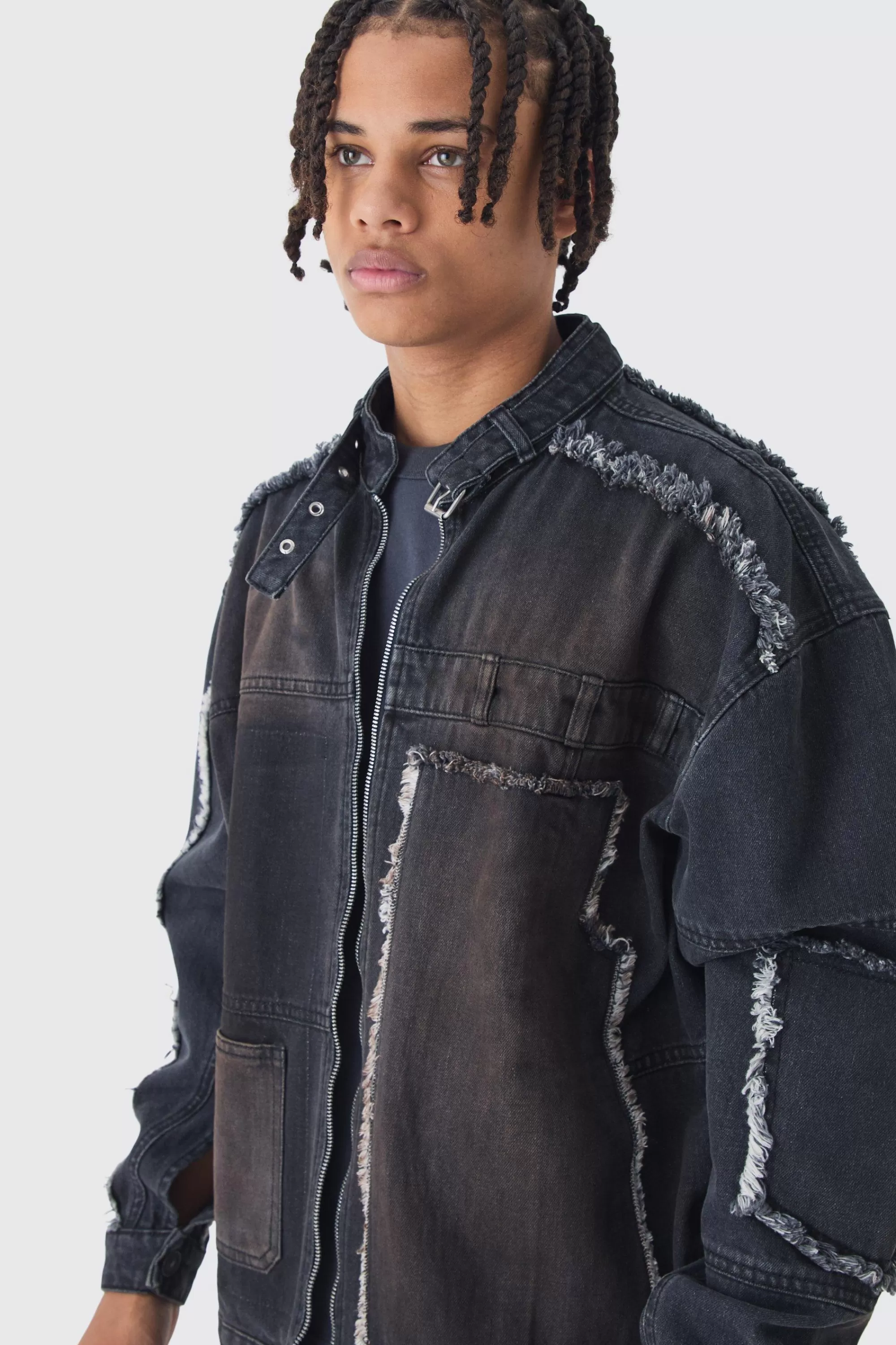 boohooMAN Oversized Dirty Wash Carpenter Denim Biker Jacket | UK