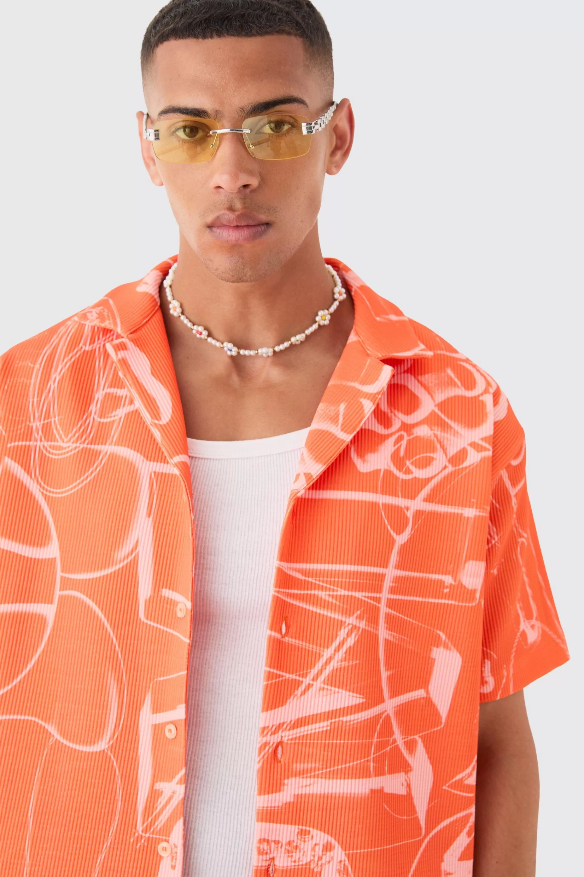 boohooMAN Oversized Doodle Printed Pleated Shirt & Short Set | UK