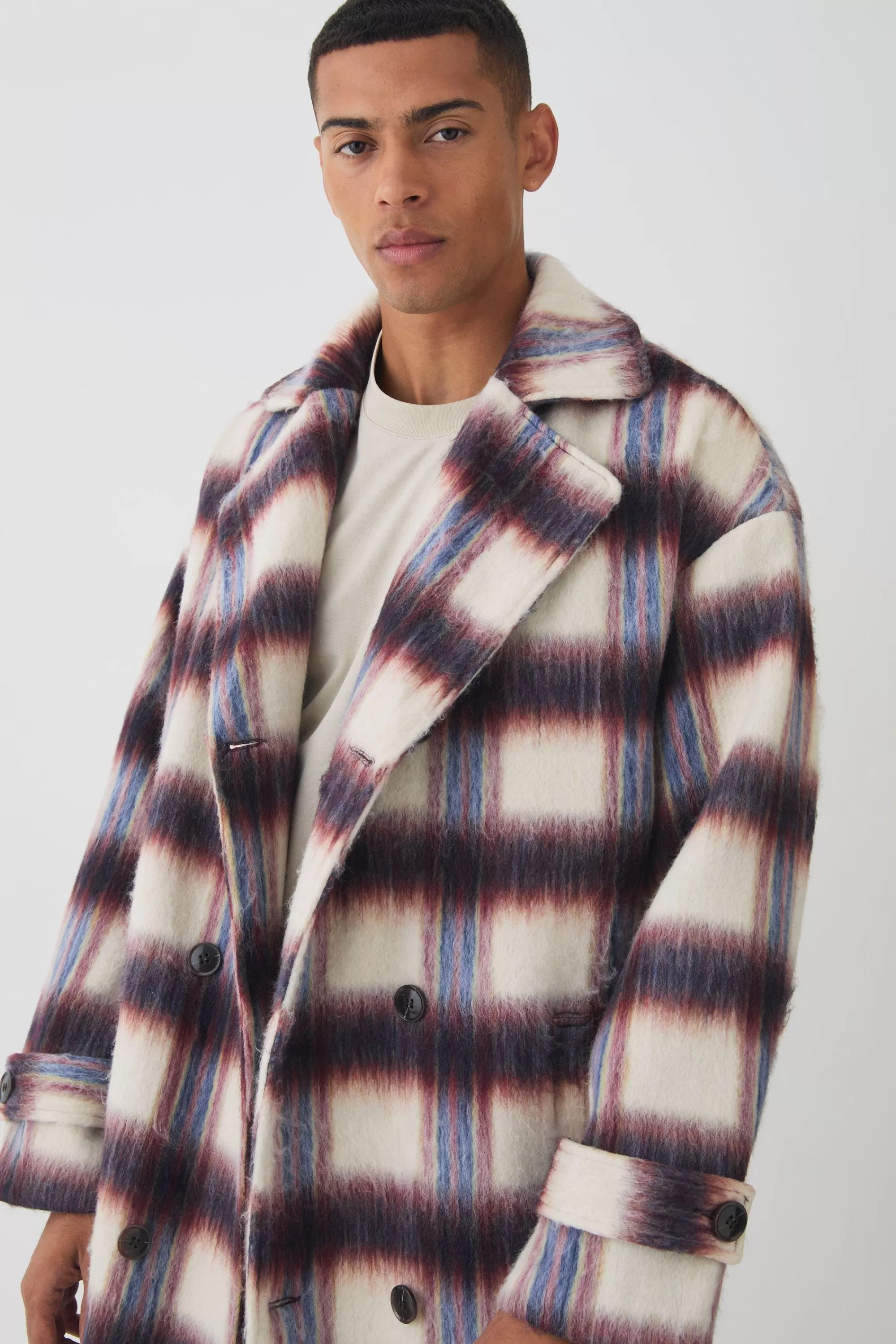 boohooMAN Oversized Double Breasted Brushed Check Overcoat In | UK