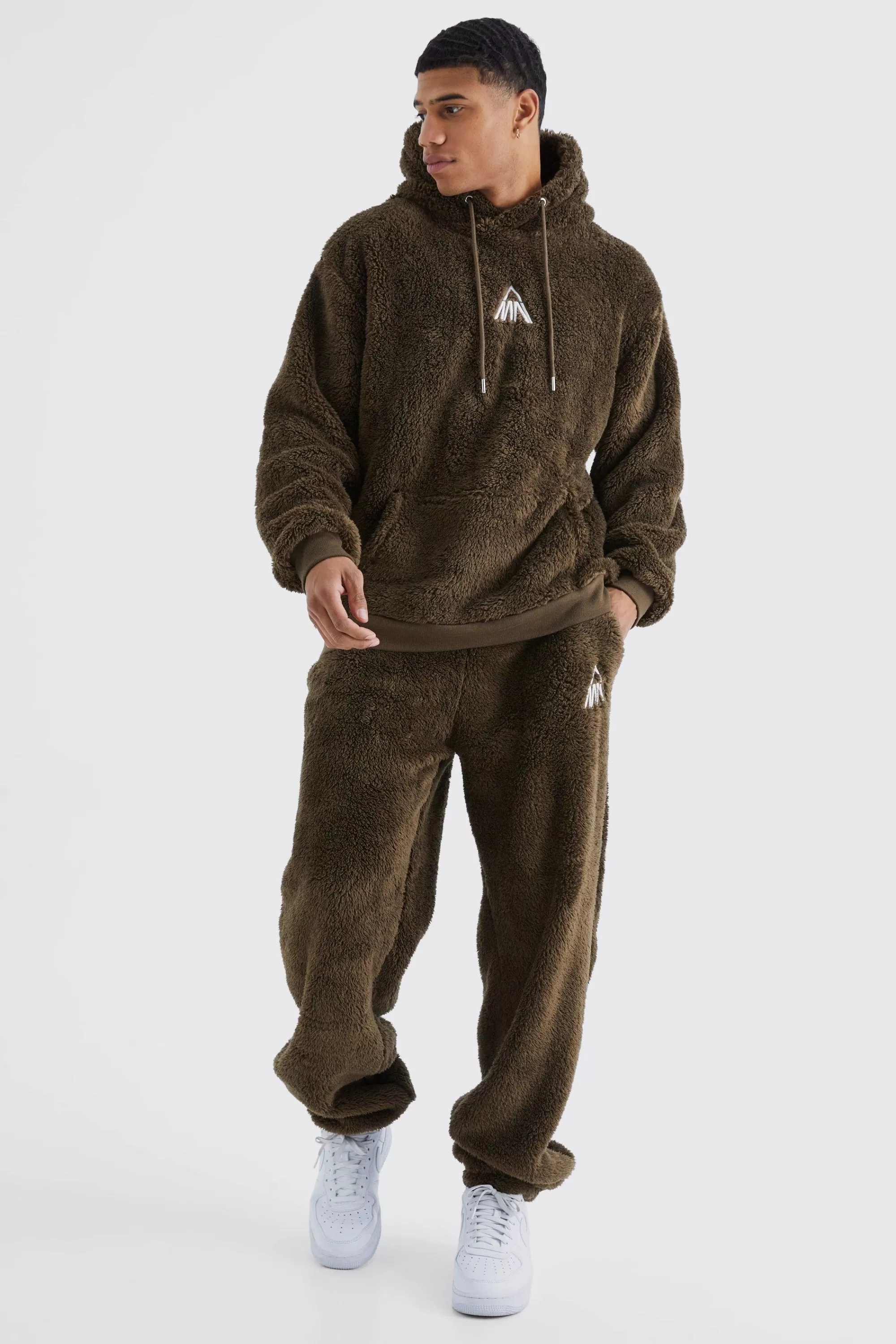 boohooMAN Oversized Embroidered Borg Hooded Tracksuit | UK