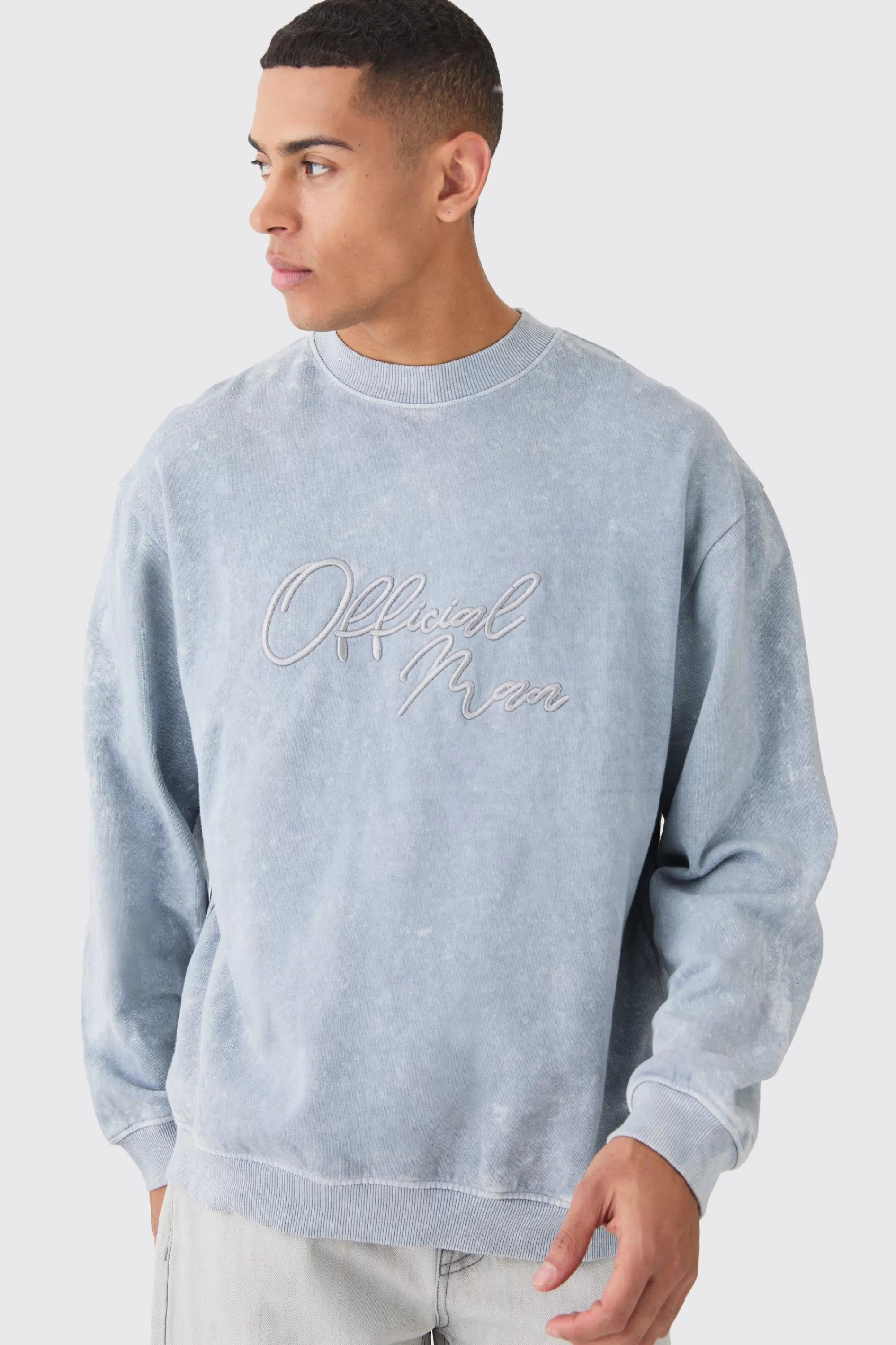 boohooMAN Oversized Extended Neck Acid Wash Embroidered Man Sweatshirt | UK