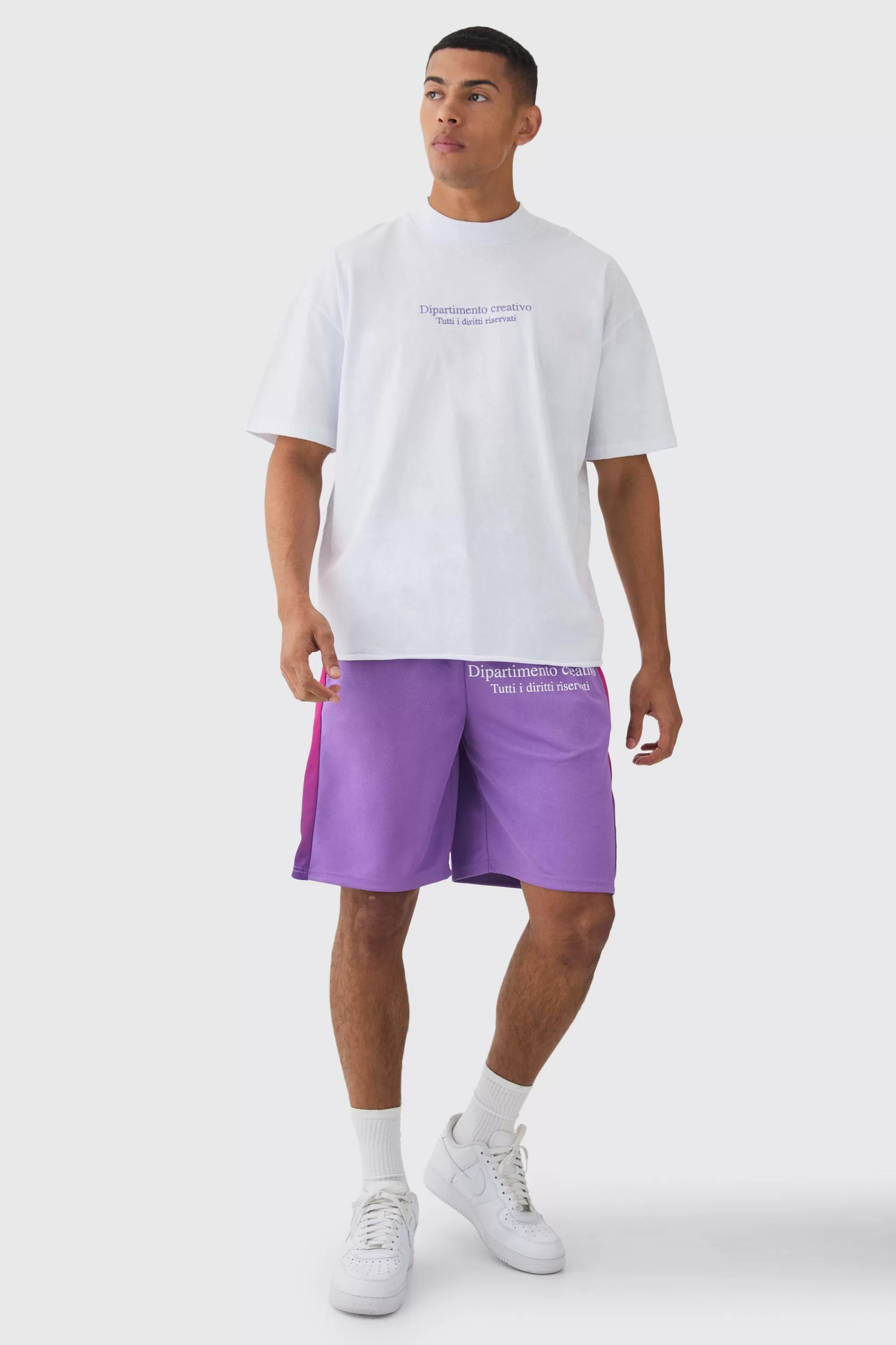 boohooMAN Oversized Extended Neck Raw Hem Script T-shirt & Mesh Short Set | UK