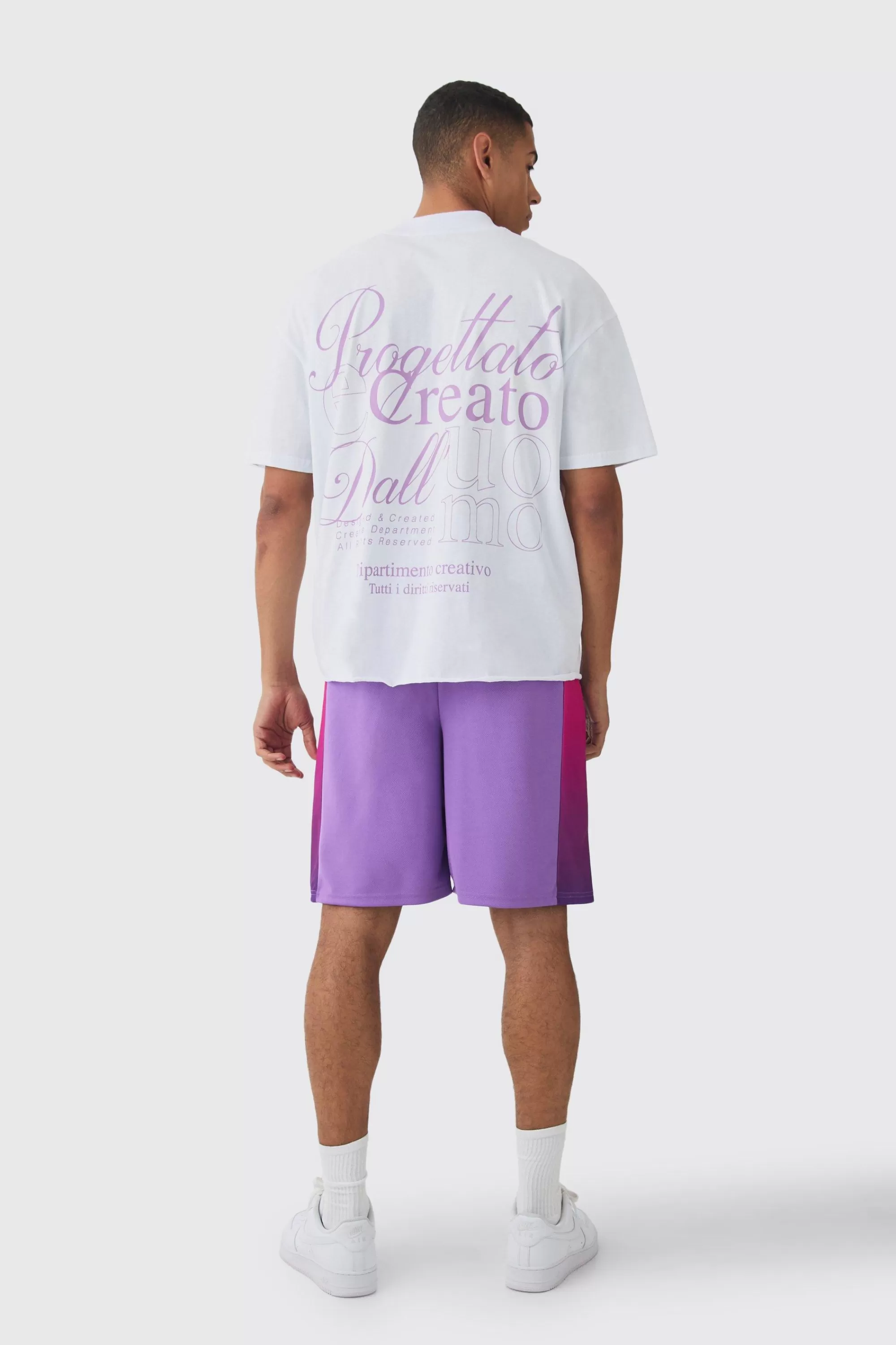 boohooMAN Oversized Extended Neck Raw Hem Script T-shirt & Mesh Short Set | UK