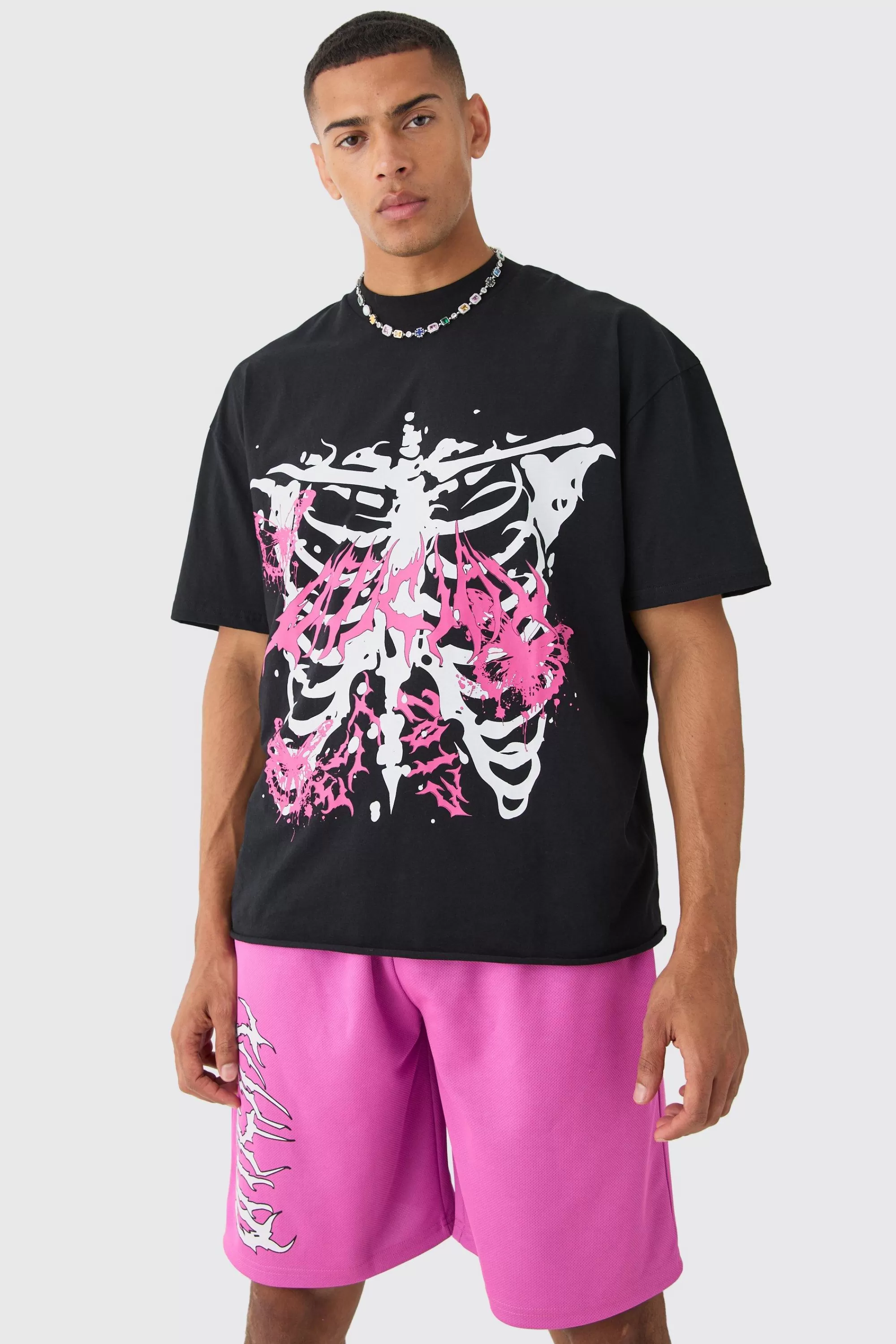 boohooMAN Oversized Extended Neck Raw Hem Skeleton T-shirt And Mesh Shorts Set | UK