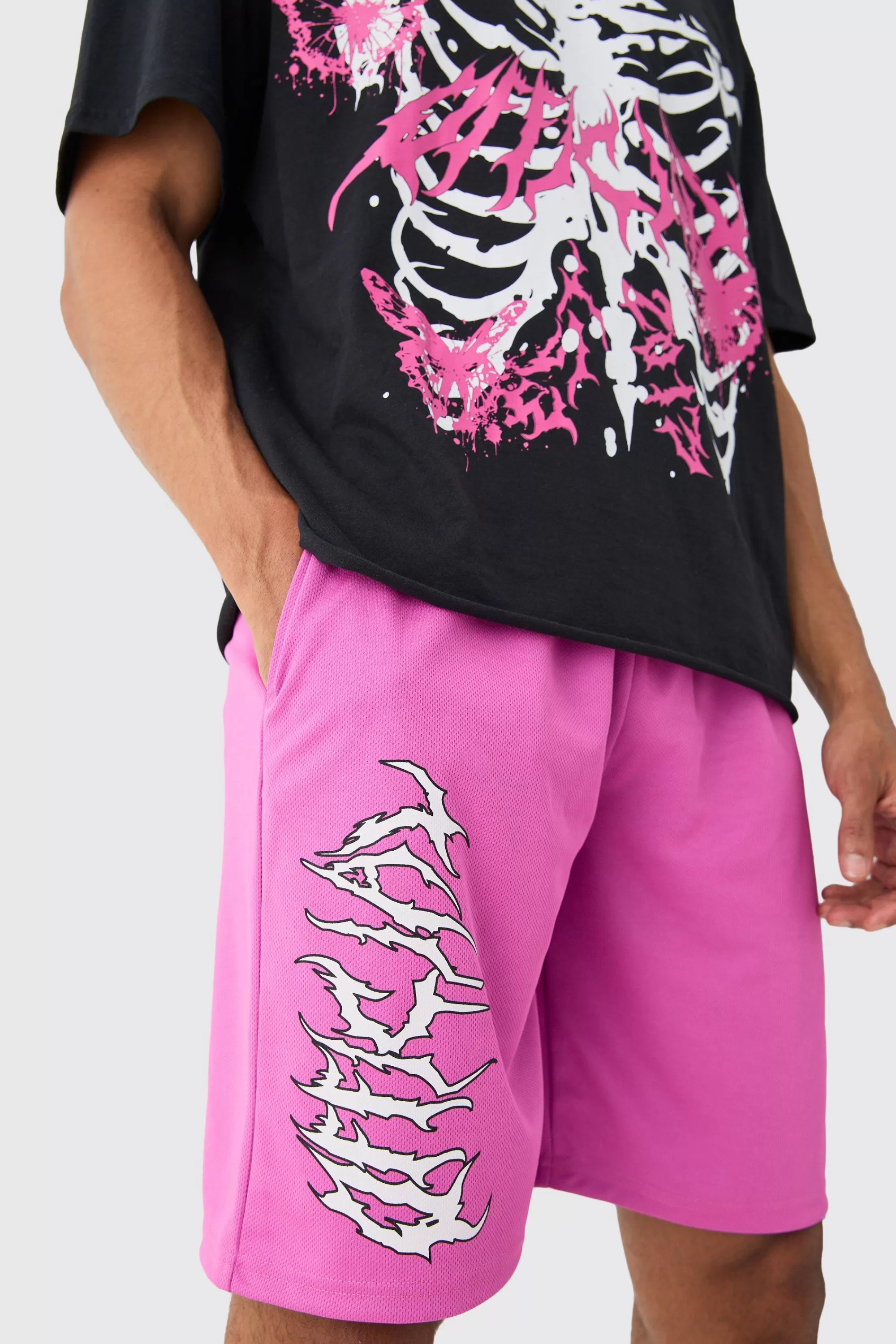 boohooMAN Oversized Extended Neck Raw Hem Skeleton T-shirt And Mesh Shorts Set | UK