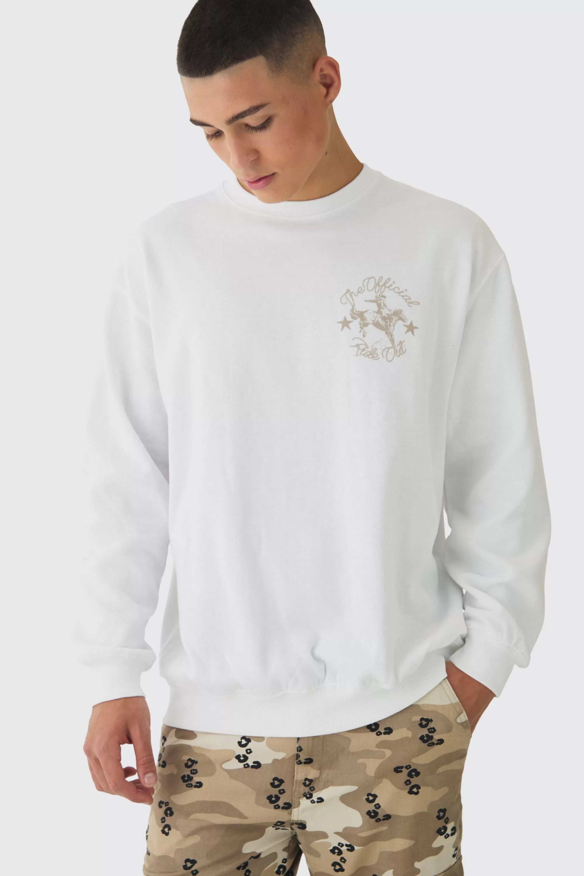 boohooMAN Oversized Extended Neck Rodeo Print Sweatshirt | UK