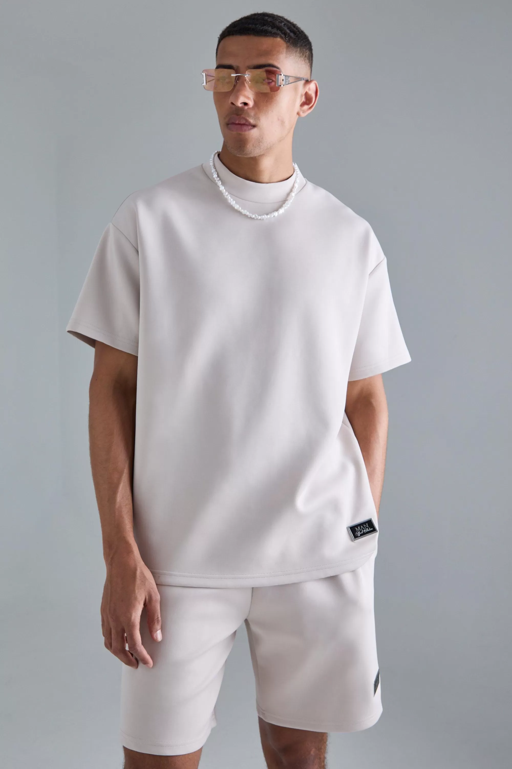 boohooMAN Oversized Extended Neck Scuba T-shirt & Relaxed Short Set | UK