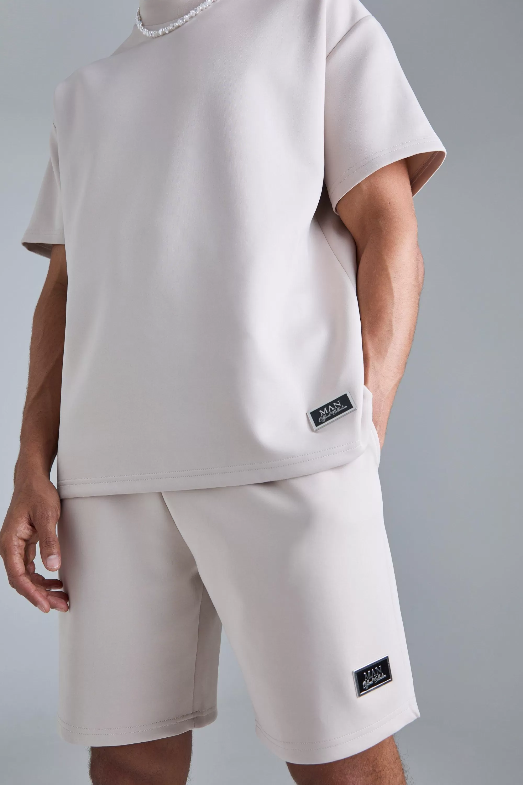 boohooMAN Oversized Extended Neck Scuba T-shirt & Relaxed Short Set | UK