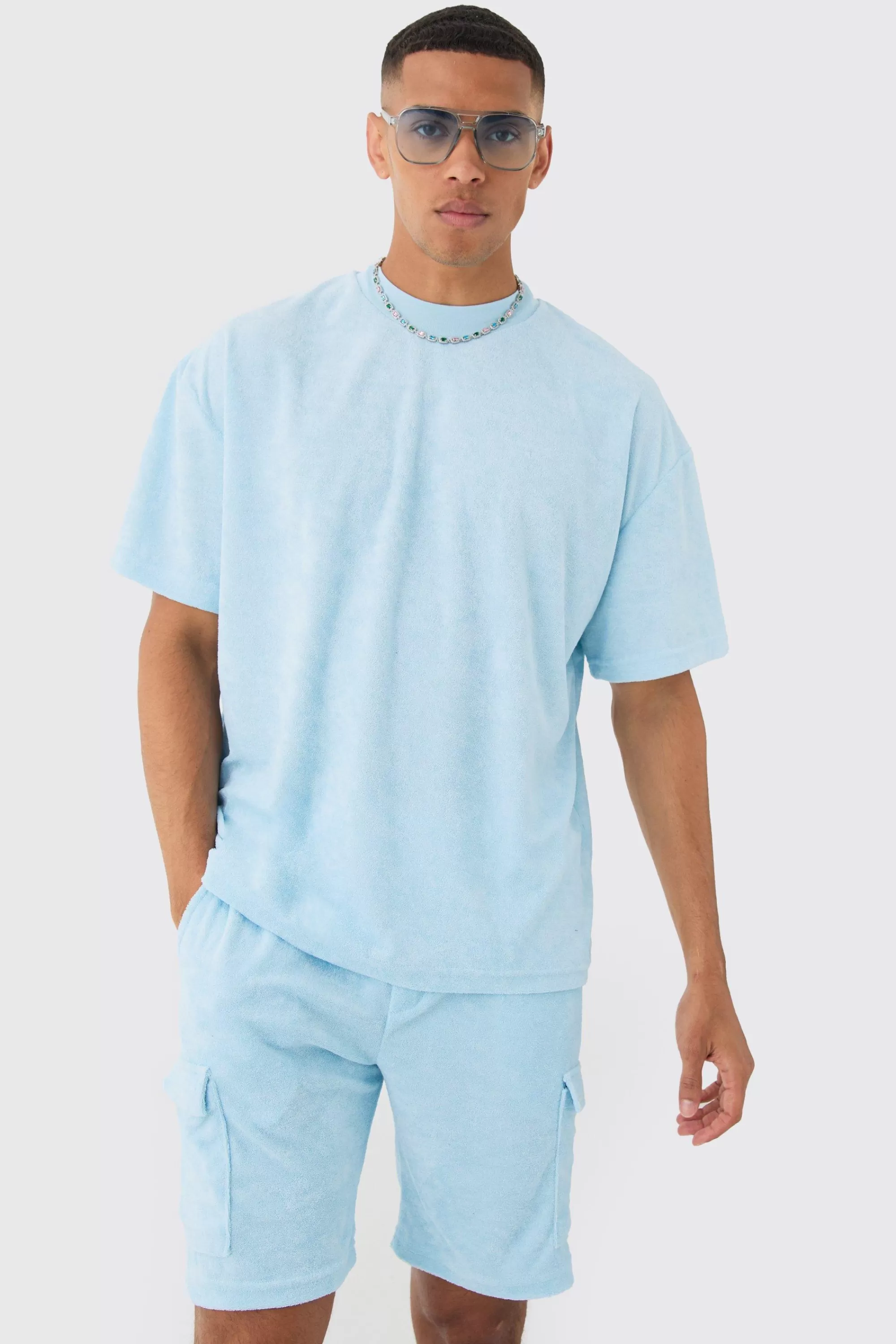 boohooMAN Oversized Extended Neck Towelling T-shirt & Cargo Shorts | UK
