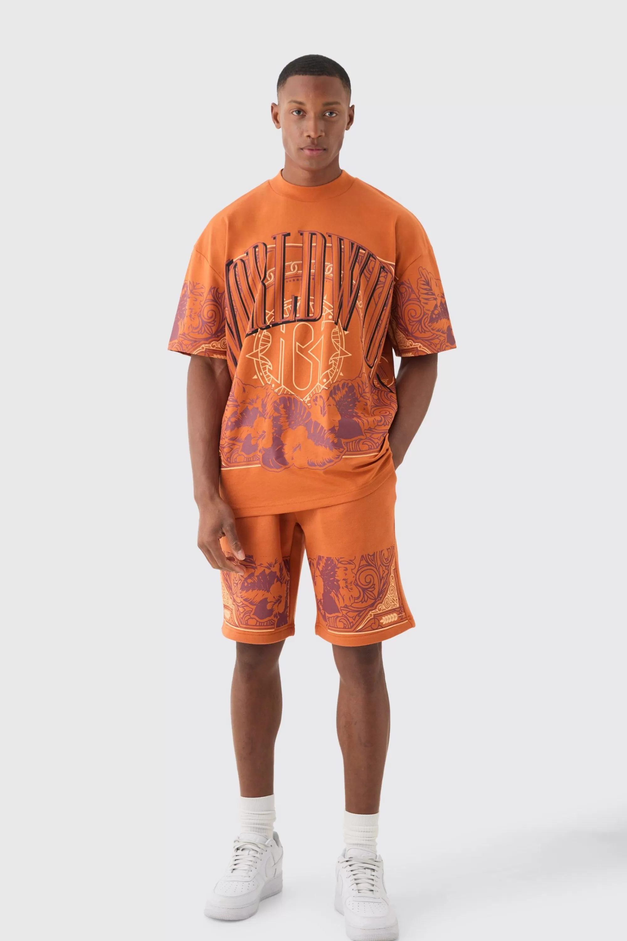 boohooMAN Oversized Extended Neck Worldwide Graphic T-shirt & Shorts Set | UK