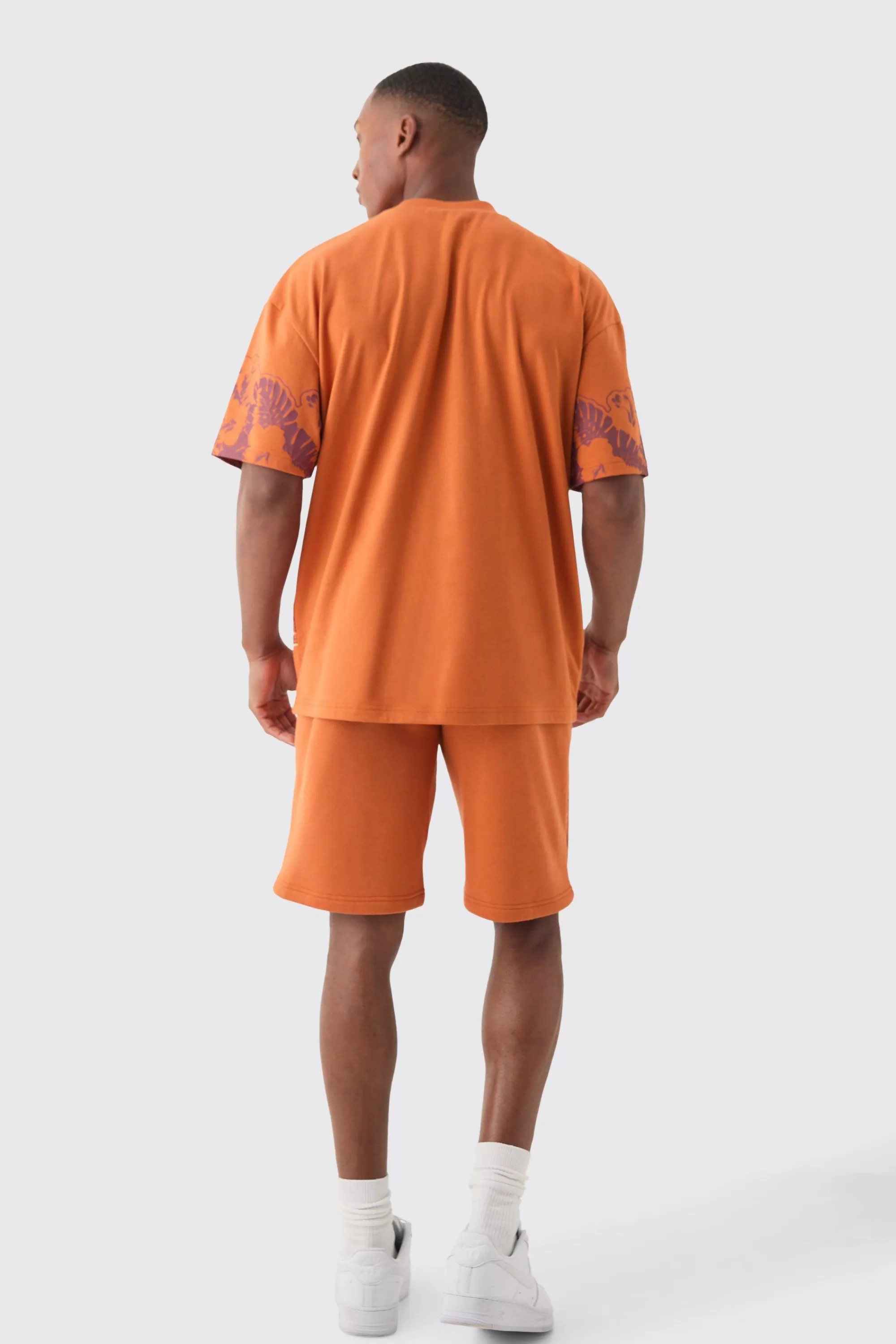 boohooMAN Oversized Extended Neck Worldwide Graphic T-shirt & Shorts Set | UK
