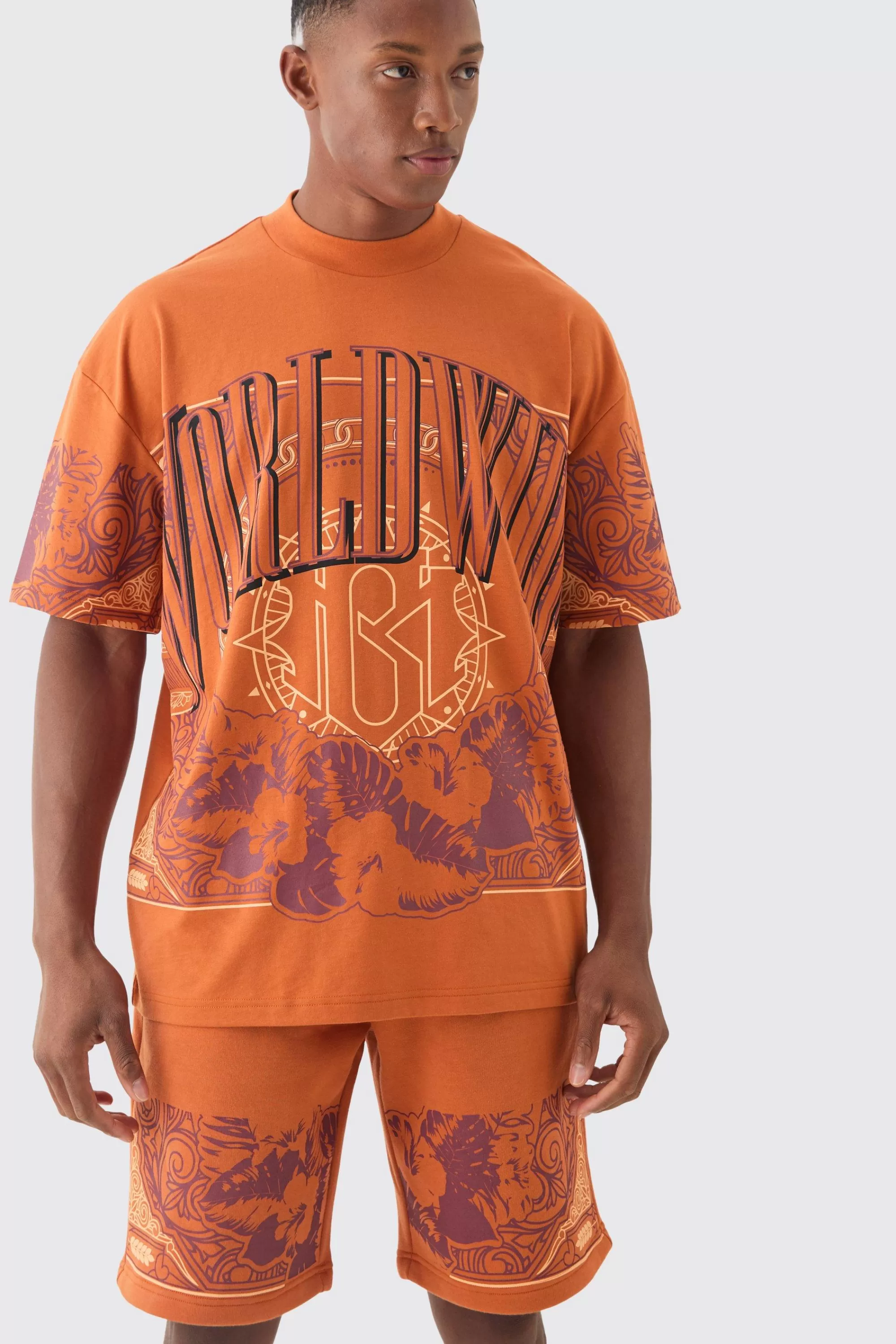 boohooMAN Oversized Extended Neck Worldwide Graphic T-shirt & Shorts Set | UK