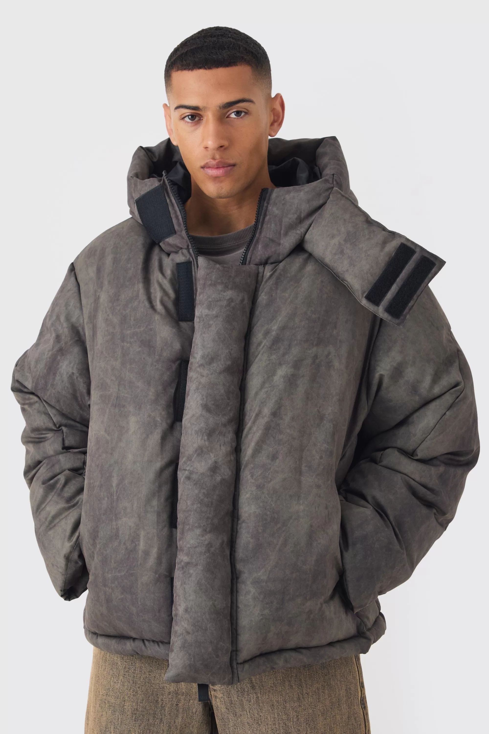 boohooMAN Oversized Extreme Padded Washed Hooded Puffer Coat In | UK