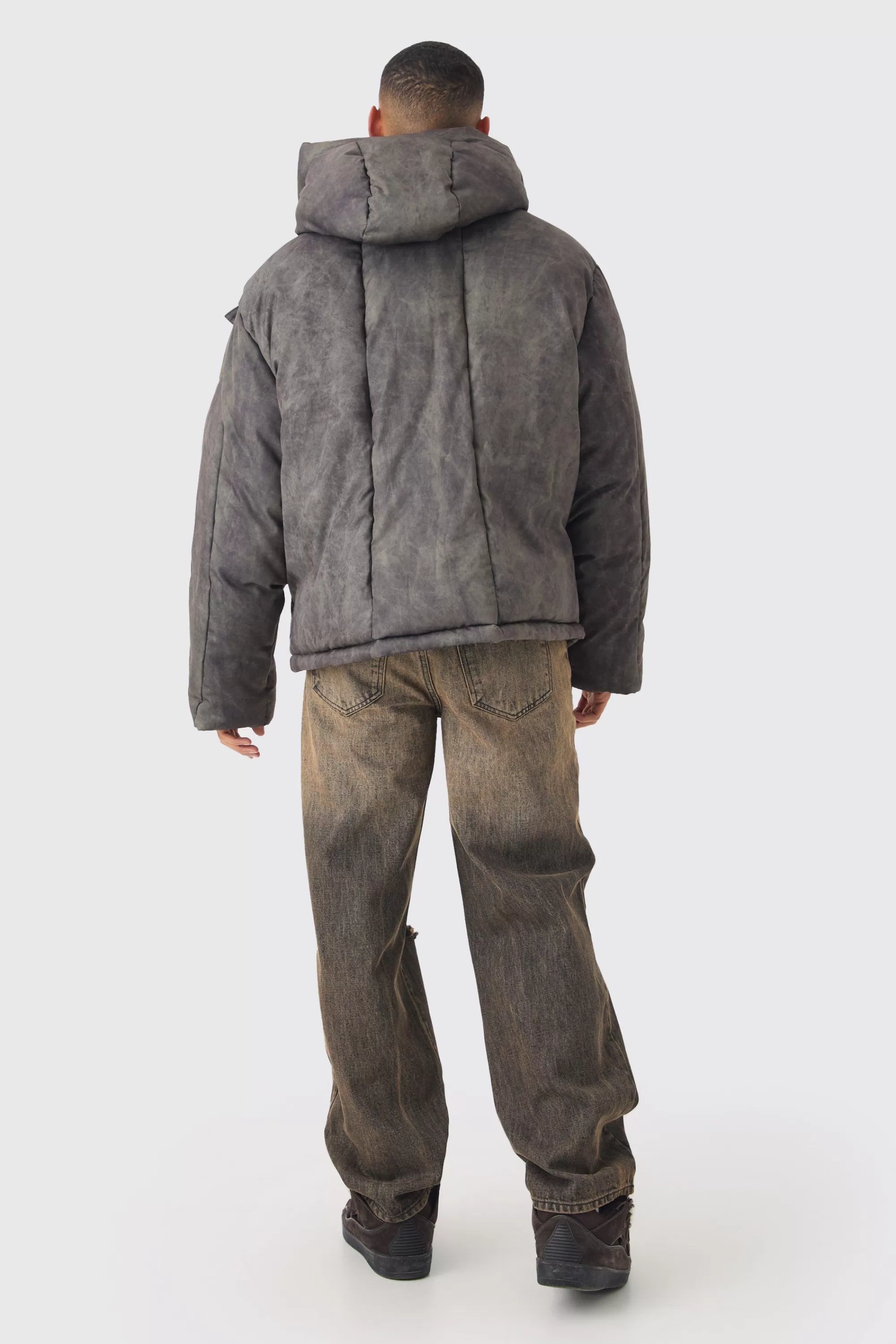 boohooMAN Oversized Extreme Padded Washed Hooded Puffer Coat In | UK
