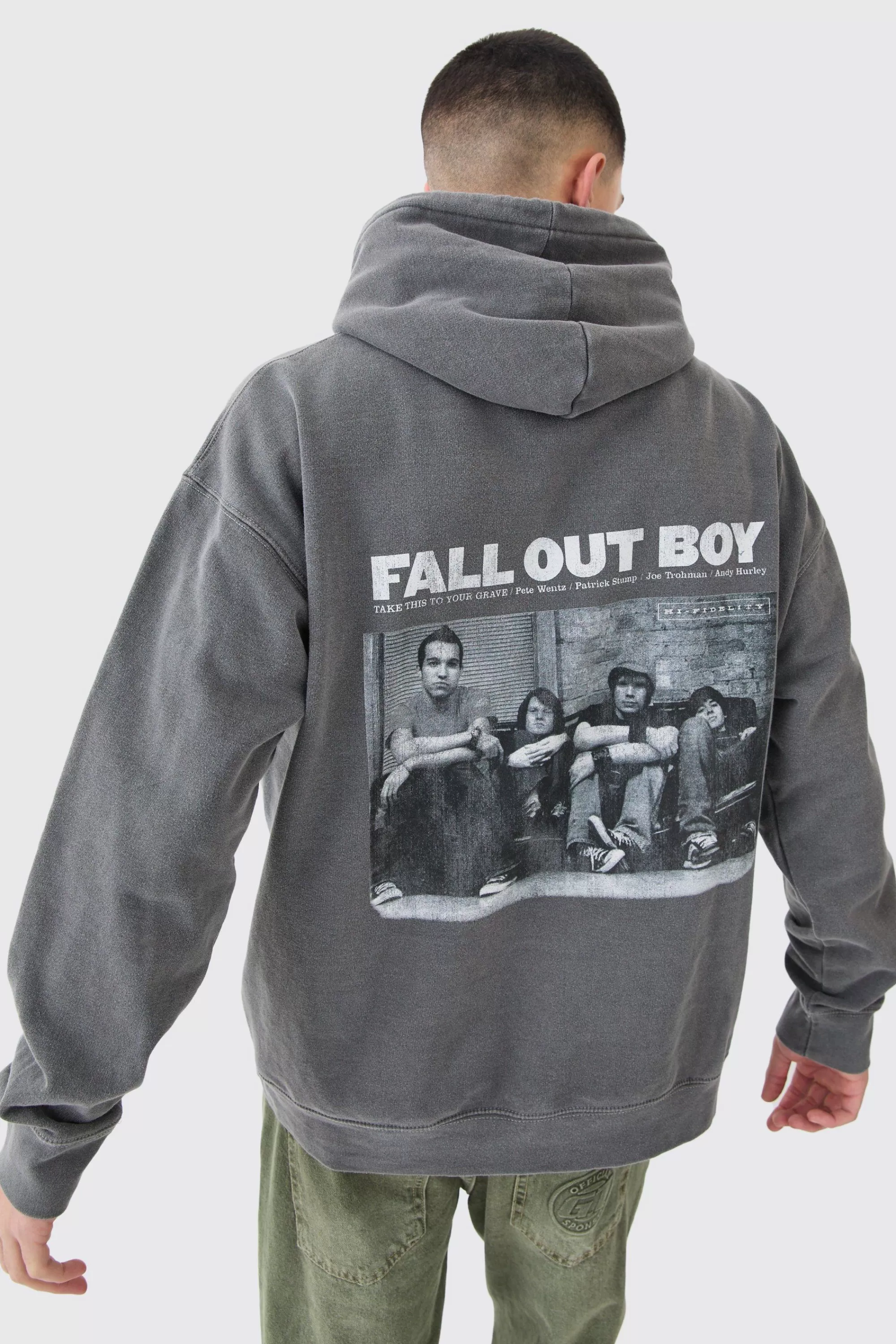 boohooMAN Oversized Fall Out Boy Band License Wash Hoodie | UK