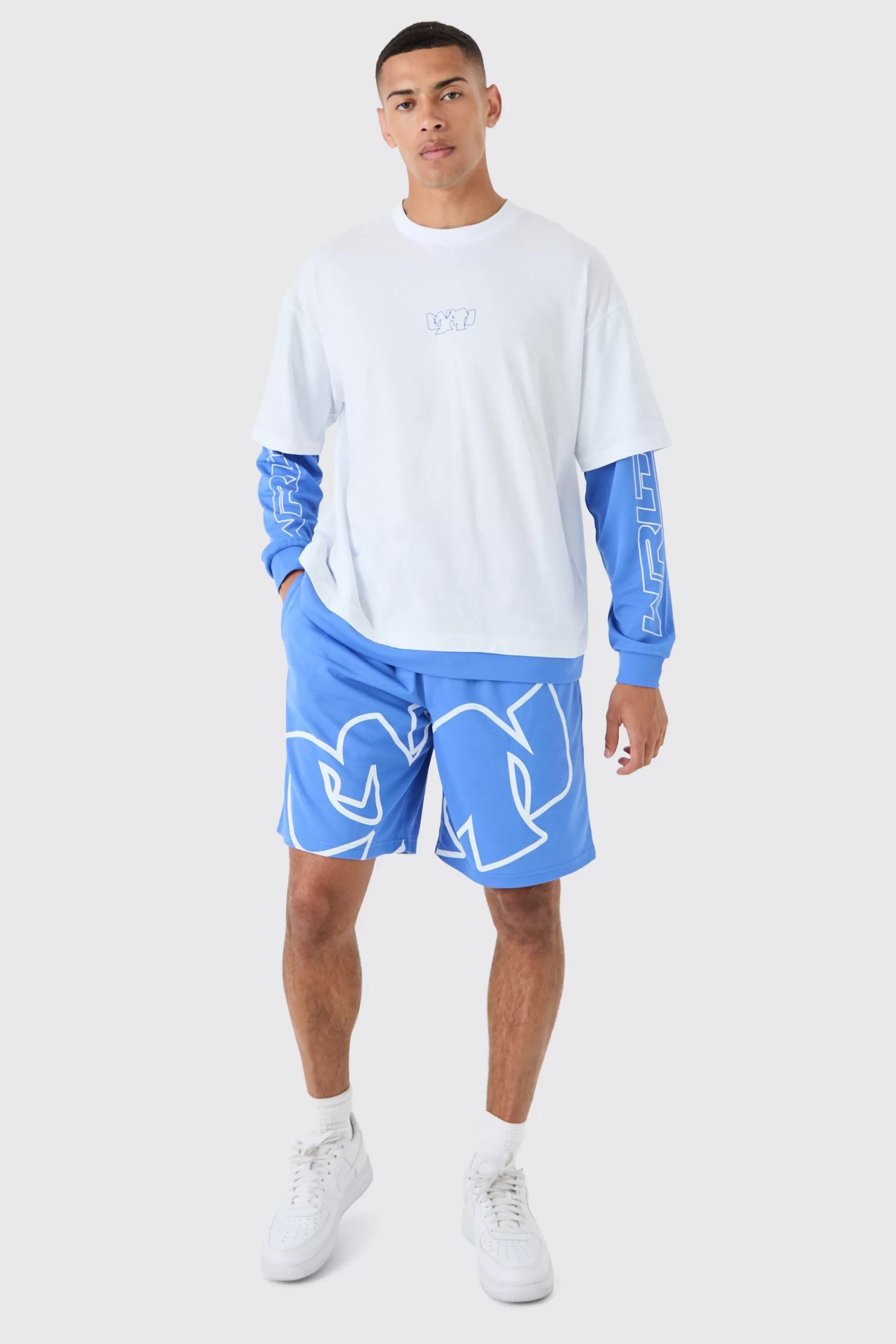 boohooMAN Oversized Faux Layer T-shirt And Mesh Short Set | UK