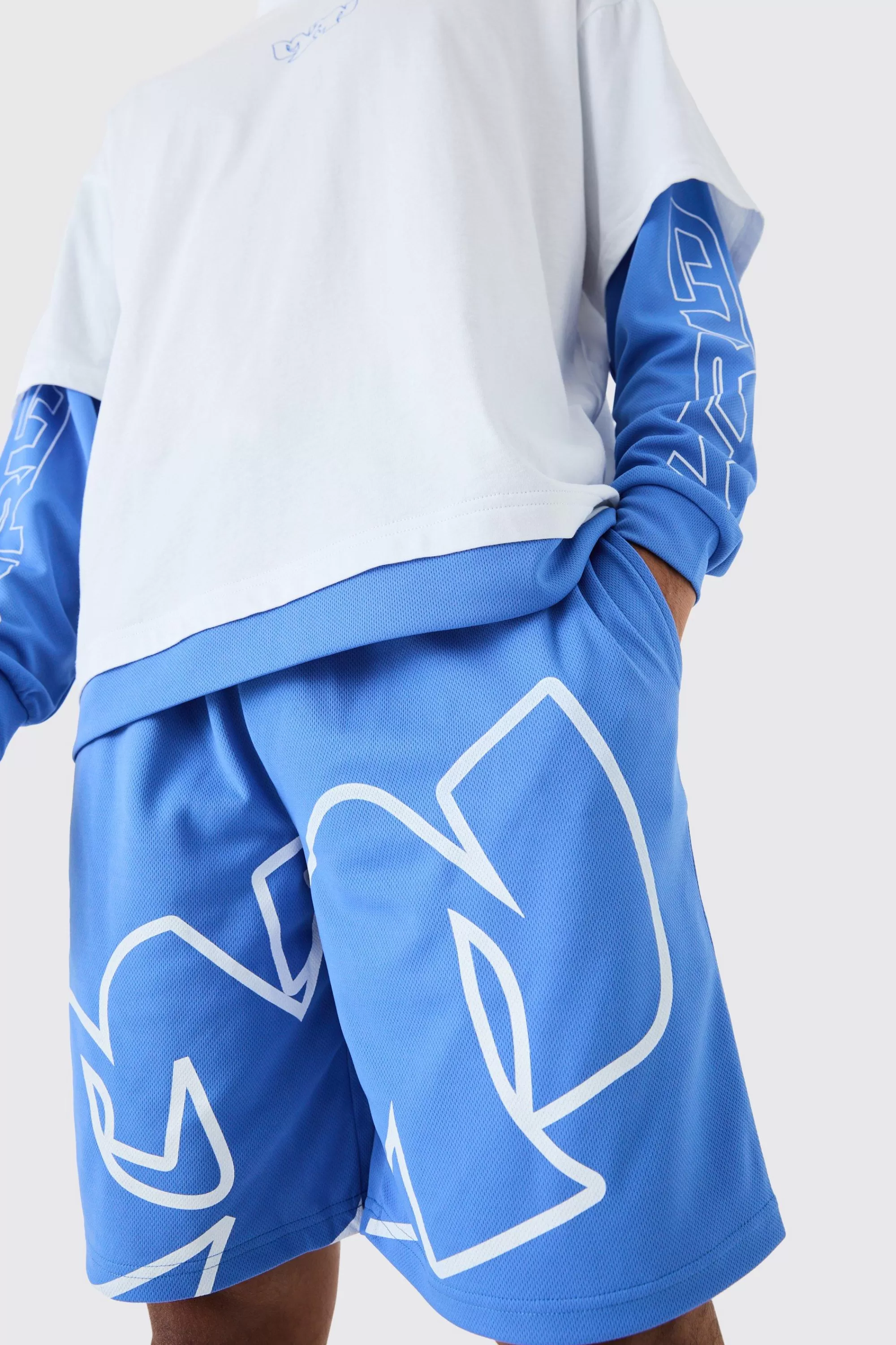 boohooMAN Oversized Faux Layer T-shirt And Mesh Short Set | UK