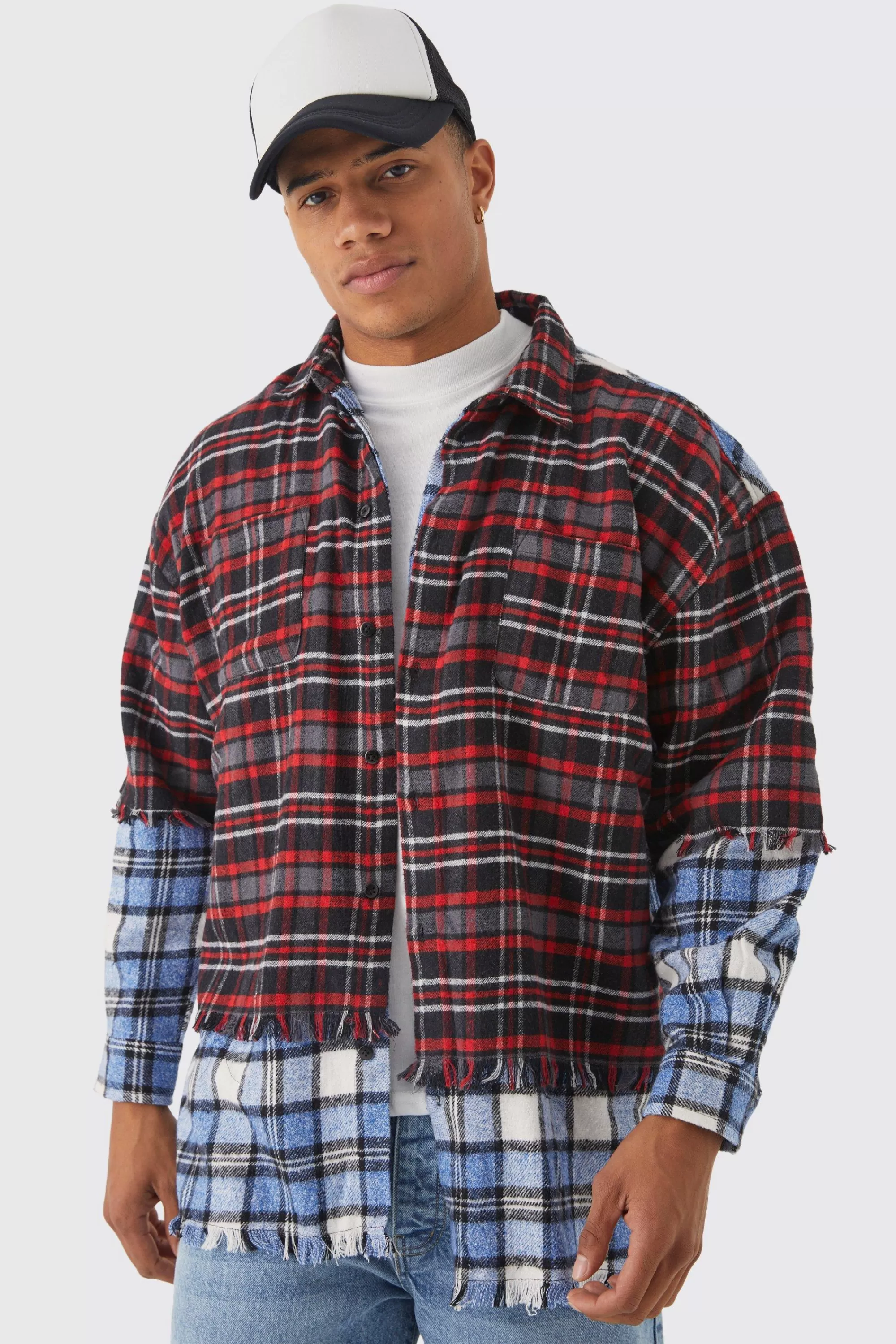 boohooMAN Oversized Faux Layered Check Shirt | UK