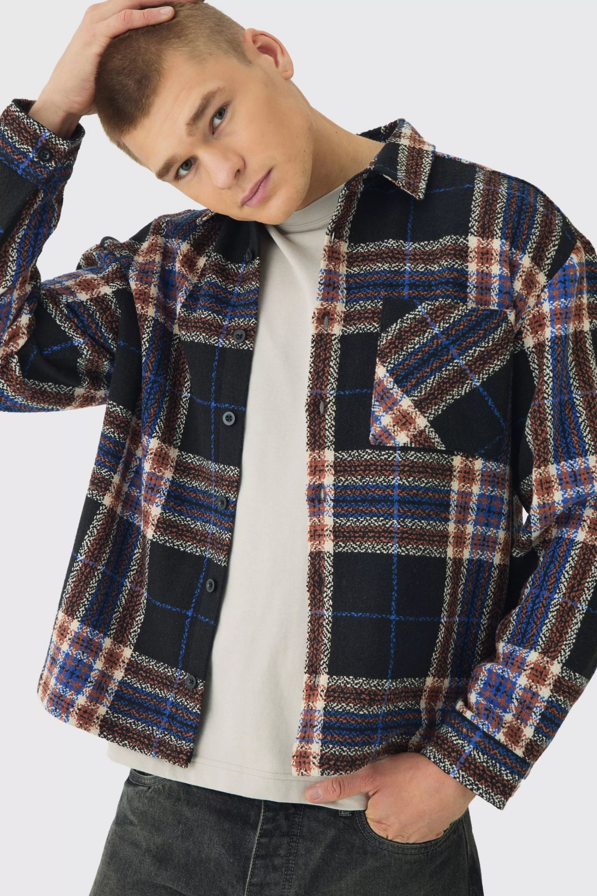 boohooMAN Oversized Fit Brushed Check Overshirt | UK