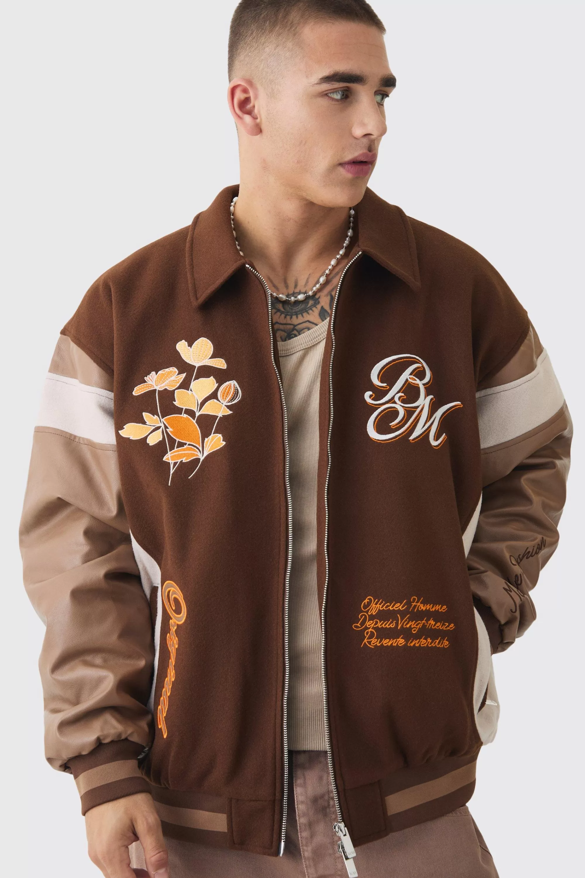 boohooMAN Oversized Floral Badge Collared Varsity Jacket In | UK