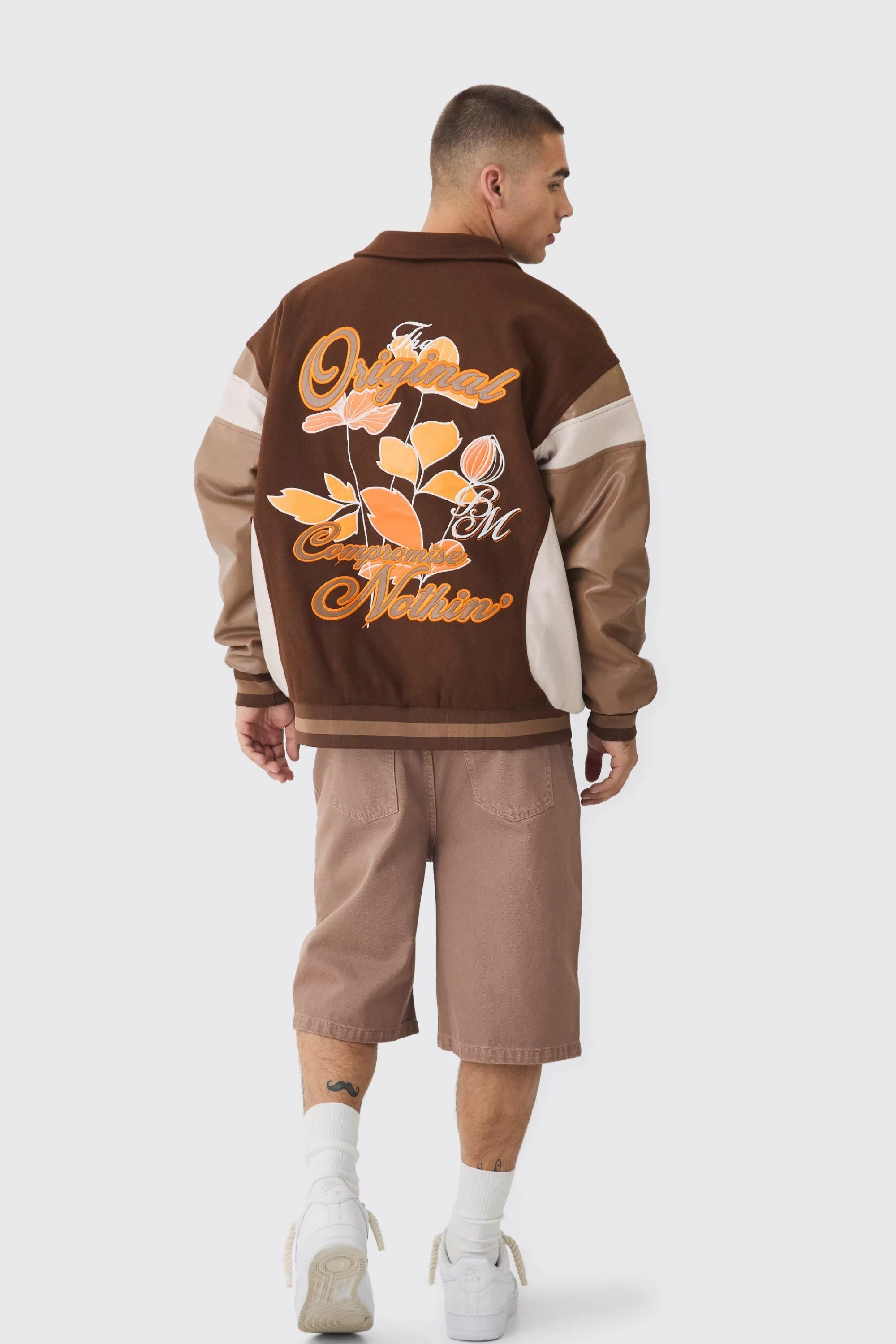 boohooMAN Oversized Floral Badge Collared Varsity Jacket In | UK