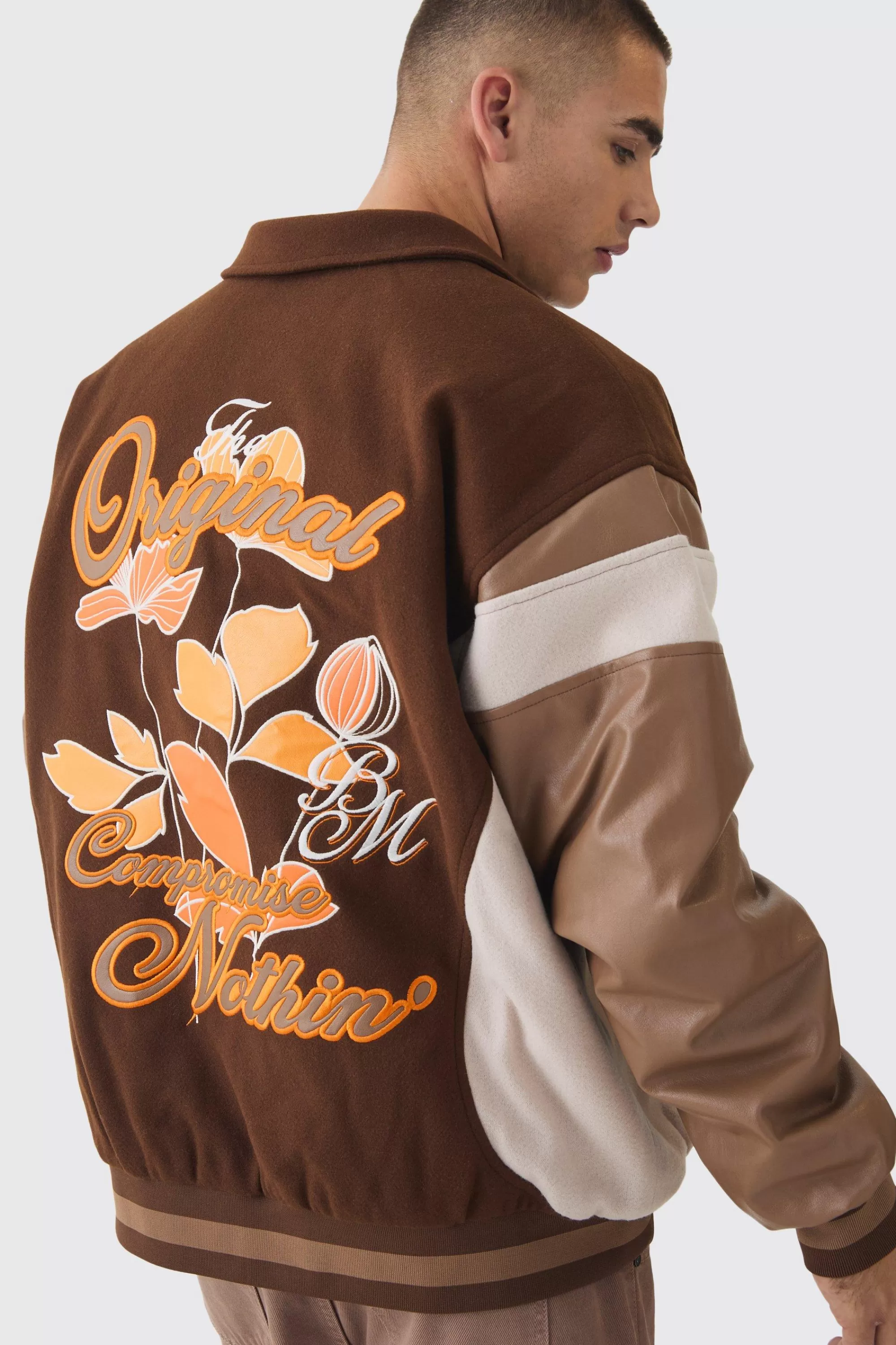 boohooMAN Oversized Floral Badge Collared Varsity Jacket In | UK
