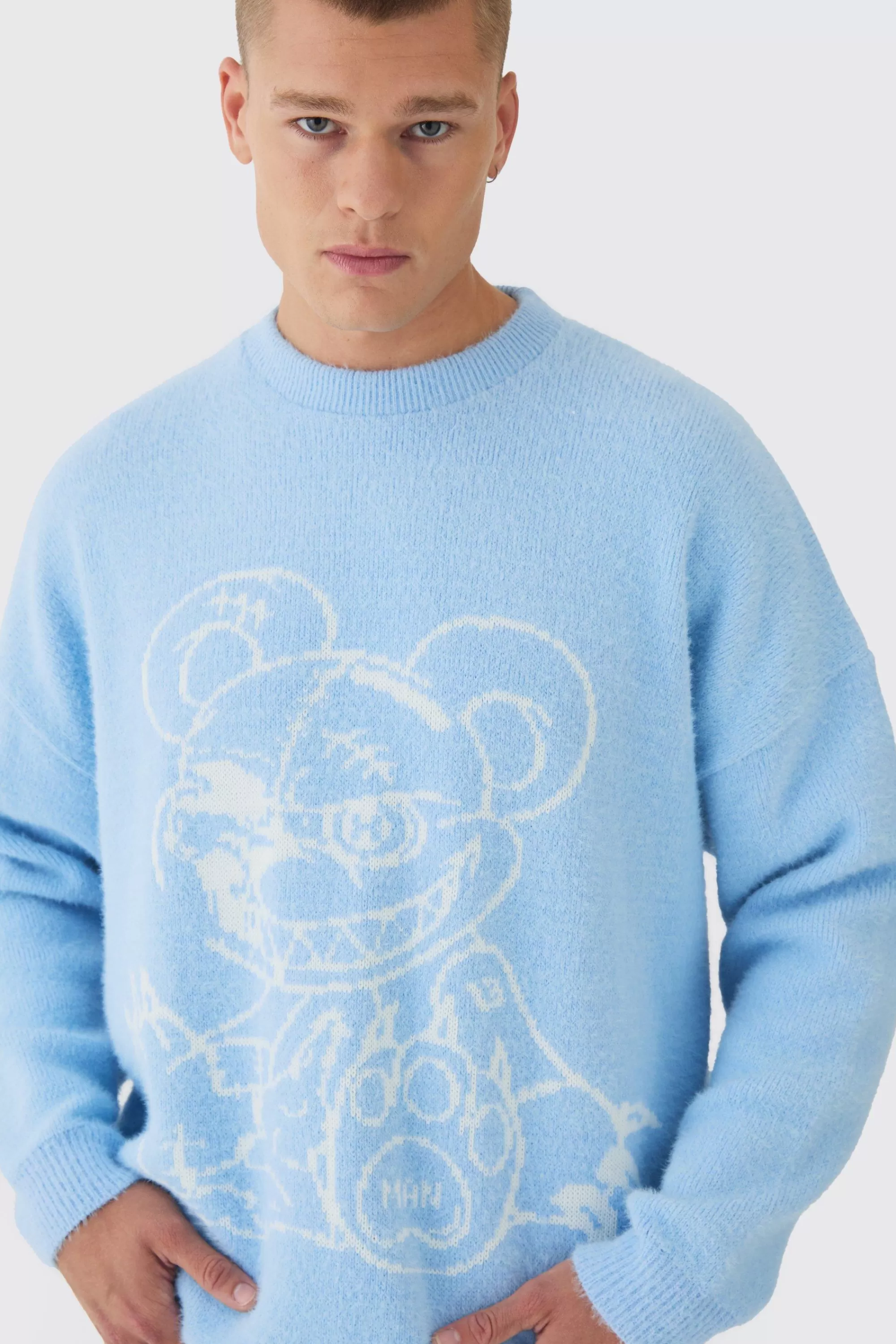 boohooMAN Oversized Fluffy Teddy Jumper In Blue | UK