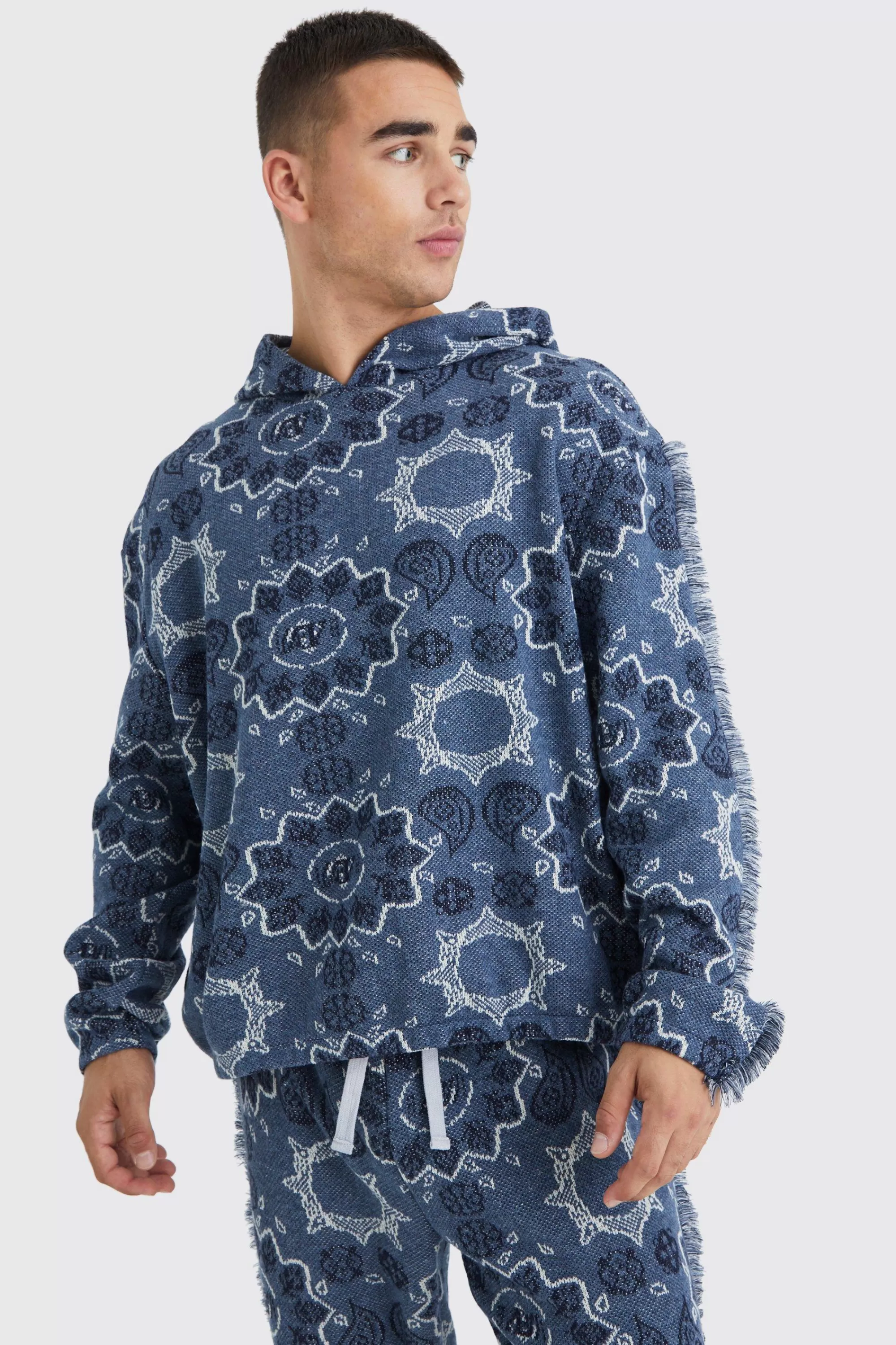 boohooMAN Oversized Fringed Heavyweight Jacquard Tapestry Hoodie | UK