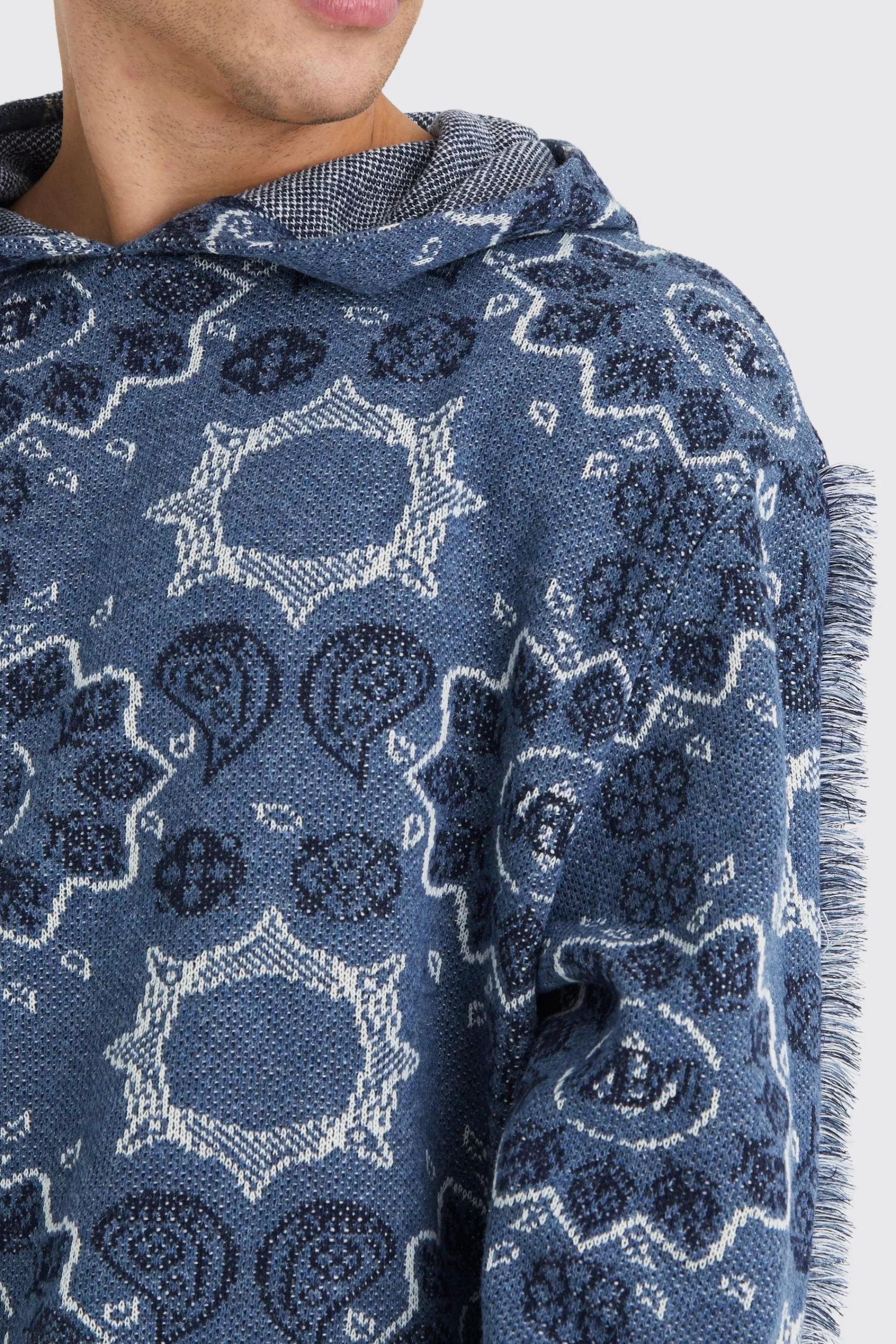 boohooMAN Oversized Fringed Heavyweight Jacquard Tapestry Hoodie | UK