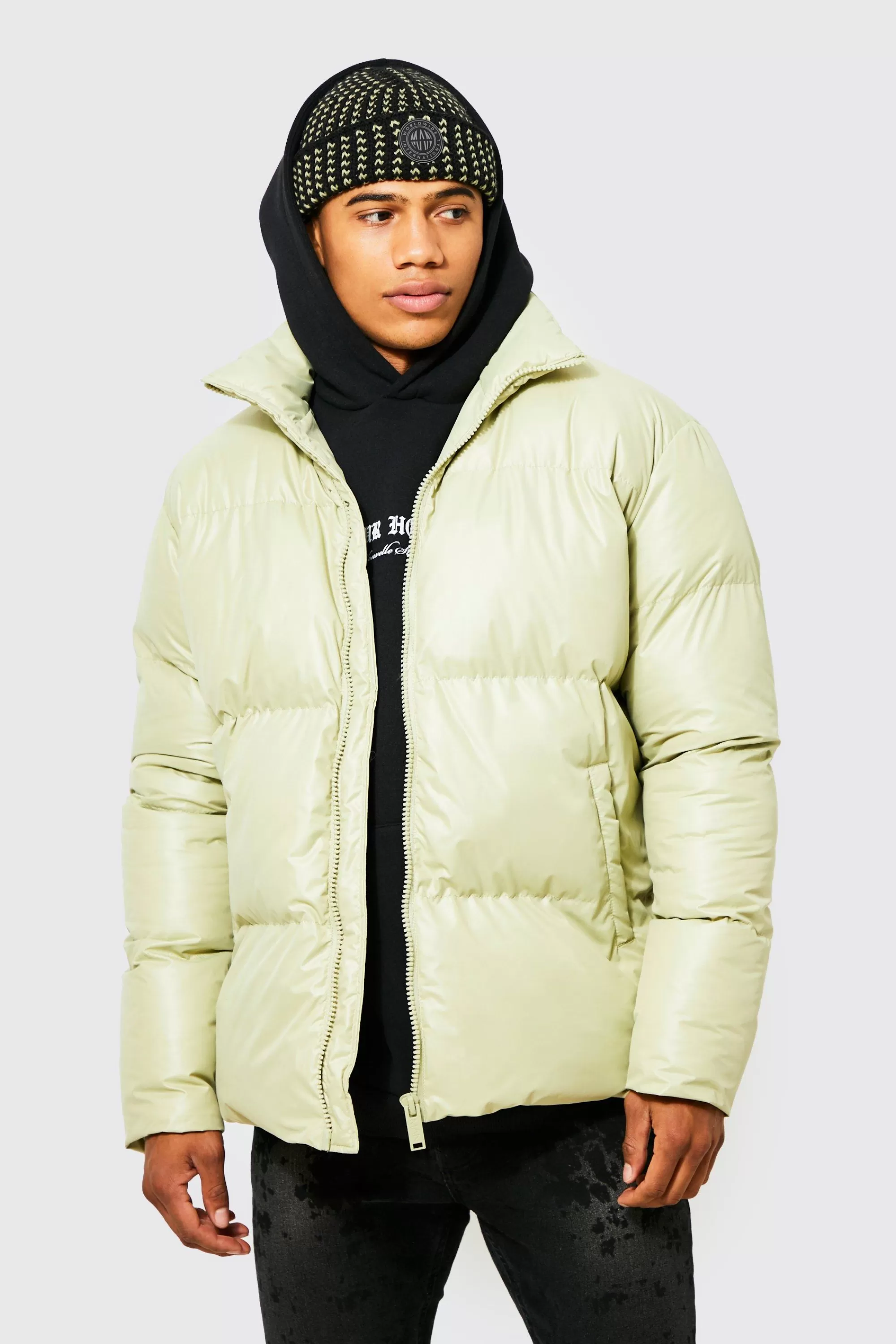 boohooMAN Oversized Funnel Neck Mid Puffer | UK