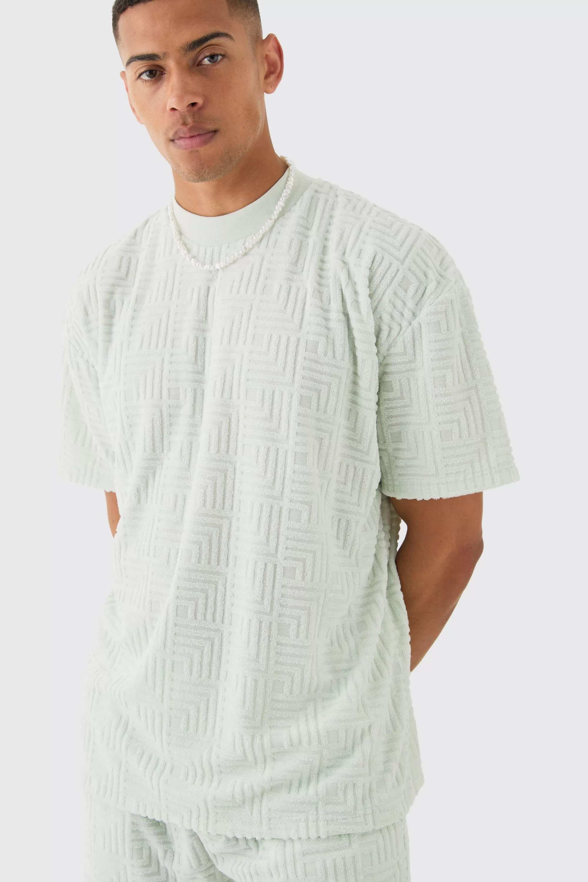 boohooMAN Oversized Geo Towelling Jacquard T-shirt & Shorts Set | UK