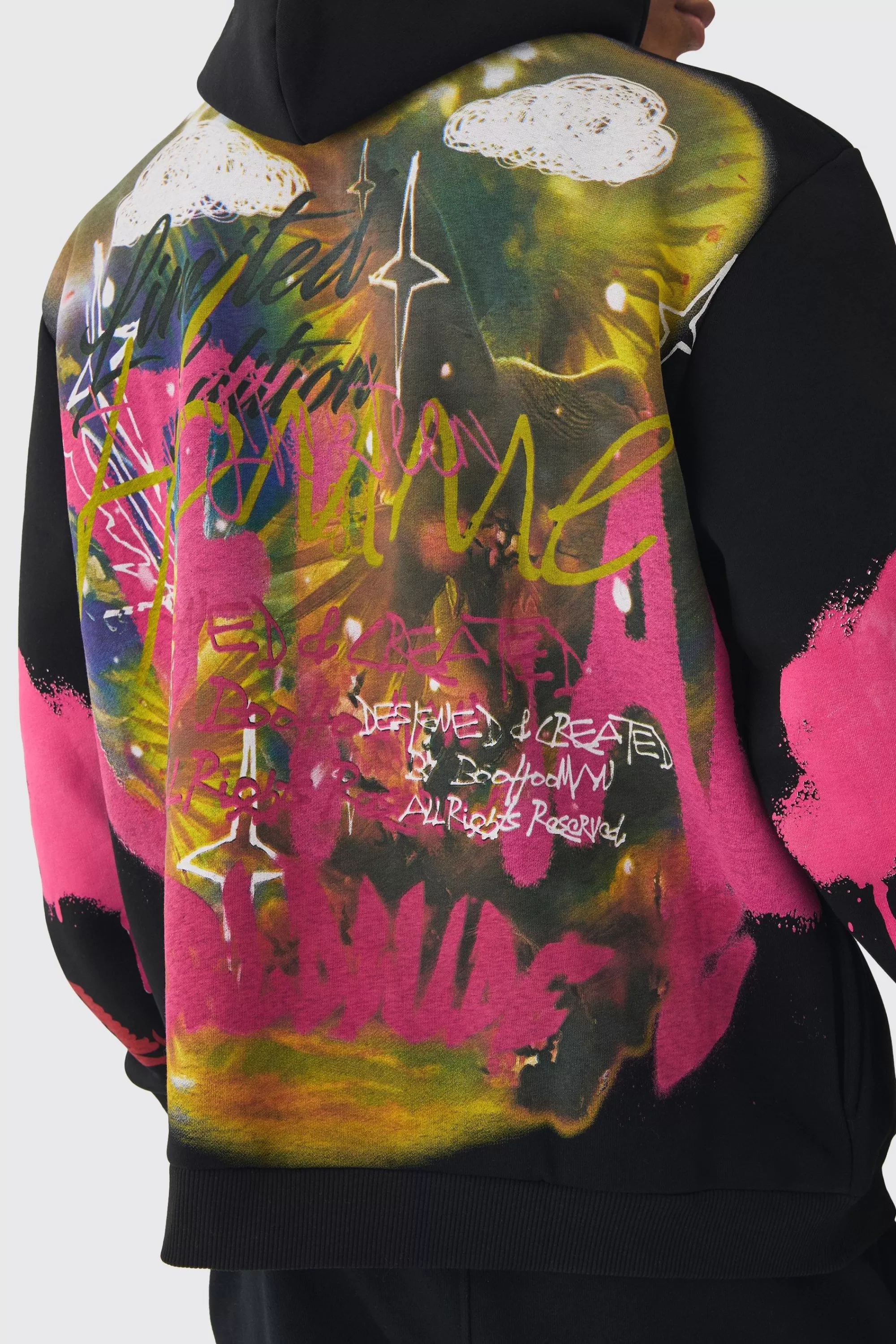 boohooMAN Oversized Graffiti Renaissance Over Seams Graphic Print Hoodie | UK