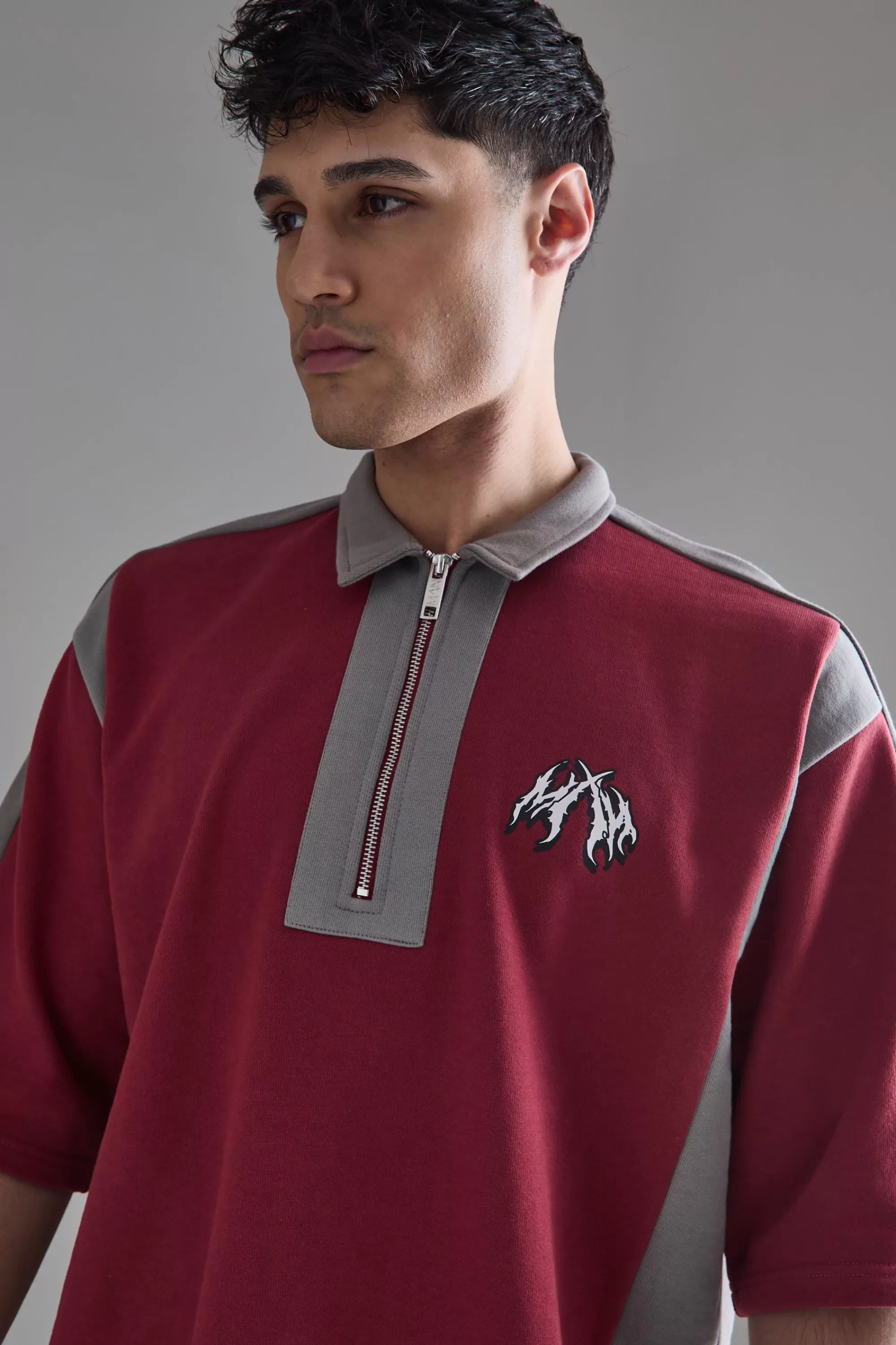 boohooMAN Oversized Half Sleeve Colour Block Sweat Polo | UK