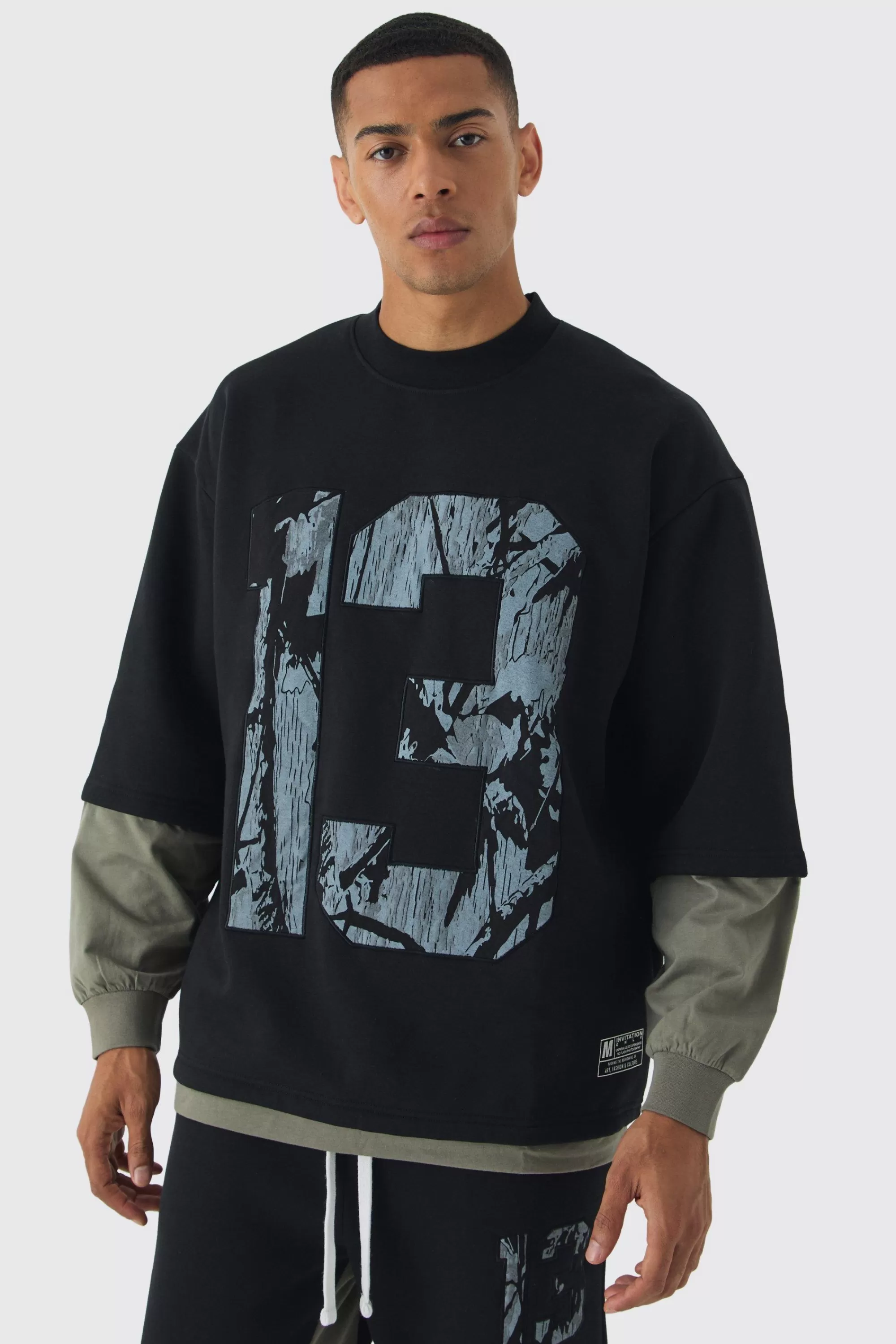 boohooMAN Oversized Half Sleeve Faux Layer 13 Applique Sweatshirt | UK